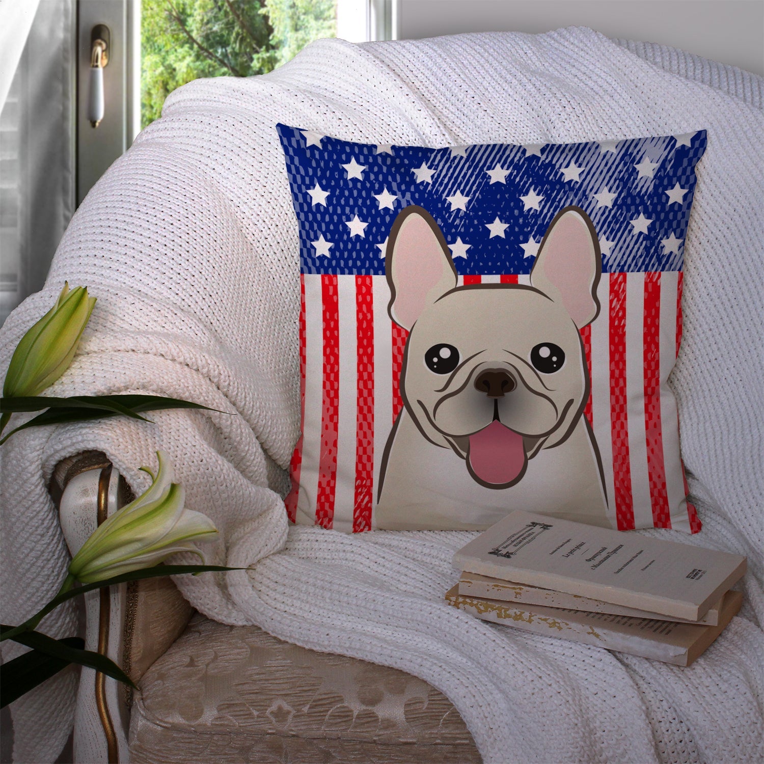 American Flag and French Bulldog Decorative Throw Pillow 14x14 Indoor Outdoor Accent Cushion, Fabric Cover with Insert for Sofa, Bed, Porch & Living Room