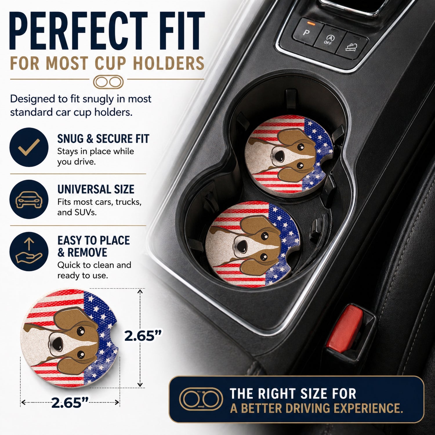 American Flag and Beagle Set of 2 Cup Holder Car Coasters Absorbent Round Sandstone Coasters Gifts for Men or Women, 2.5, Multicolor