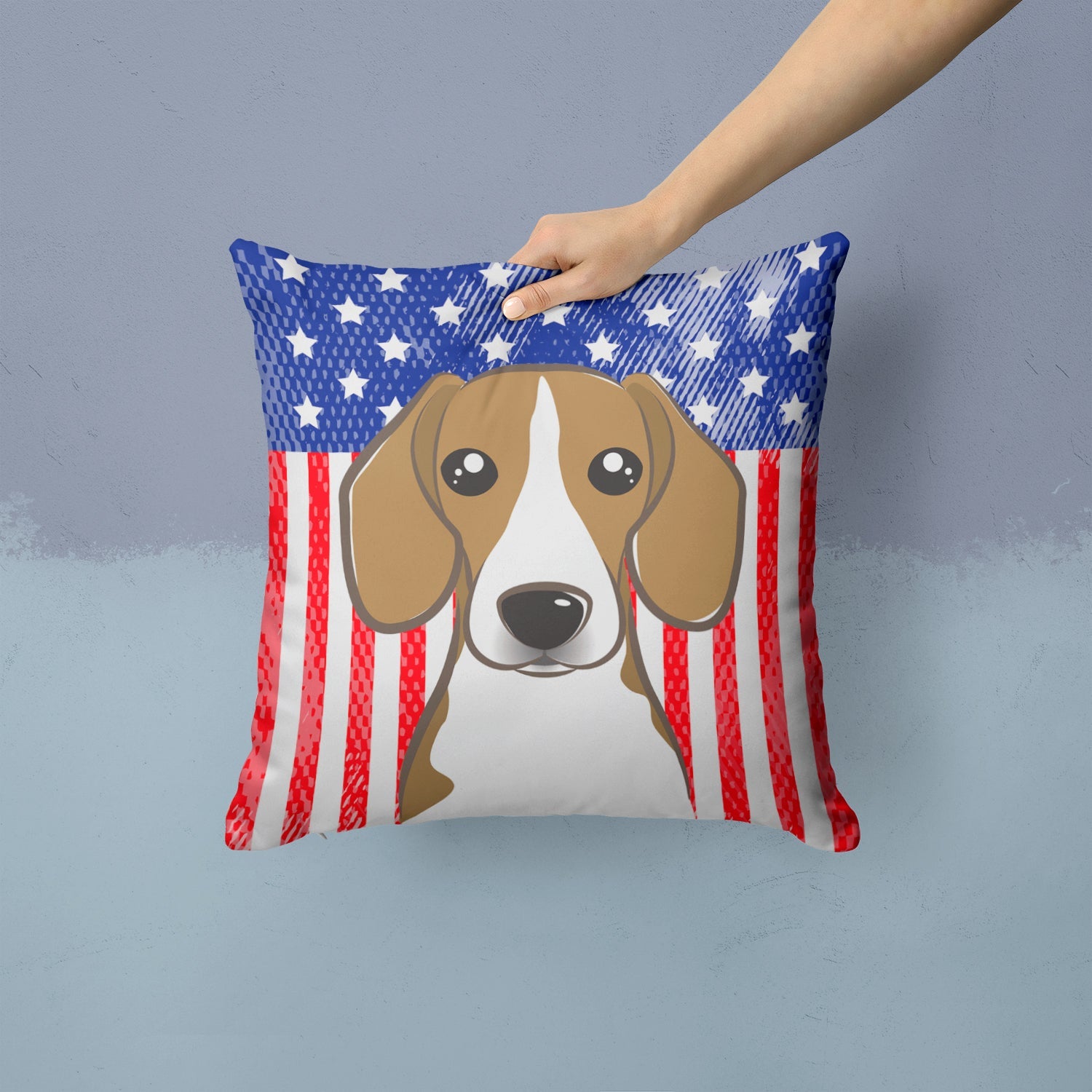 American Flag and Beagle Decorative Throw Pillow 14x14 Indoor Outdoor Accent Cushion, Fabric Cover with Insert for Sofa, Bed, Porch & Living Room