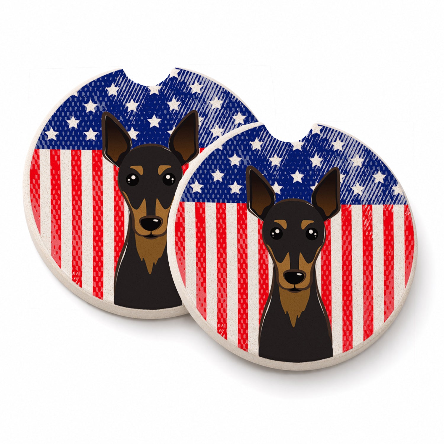 American Flag and Min Pin Set of 2 Cup Holder Car Coasters Absorbent Round Sandstone Coasters Gifts for Men or Women, 2.5, Multicolor
