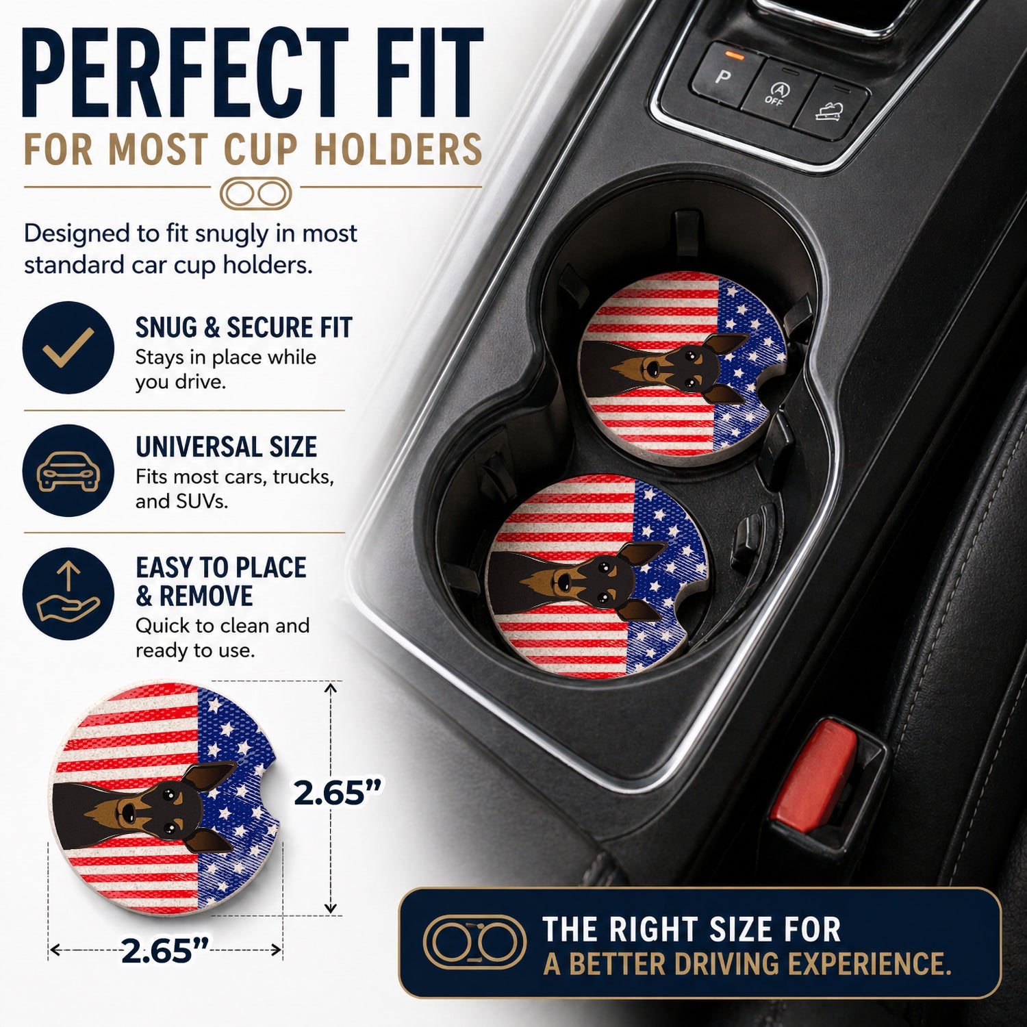 American Flag and Min Pin Set of 2 Cup Holder Car Coasters Absorbent Round Sandstone Coasters Gifts for Men or Women, 2.5, Multicolor