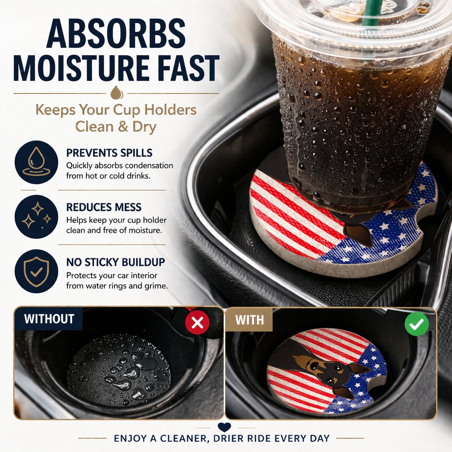 American Flag and Min Pin Set of 2 Cup Holder Car Coasters Absorbent Round Sandstone Coasters Gifts for Men or Women, 2.5, Multicolor