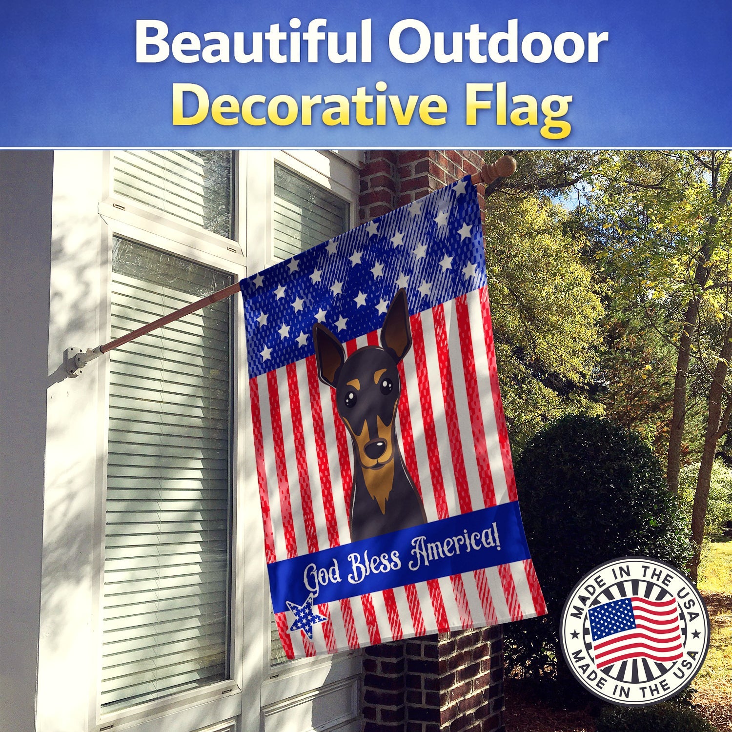 American Flag and Min Pin House Flag 28x40 Porch Sleeve Pole Decorative Outside Yard Banner Artwork Wall Hanging, Polyester