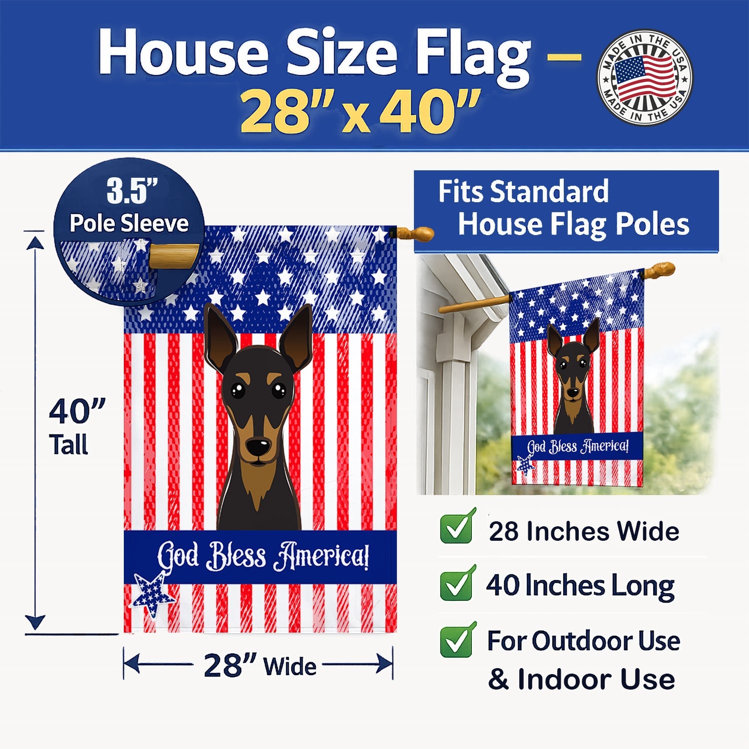 American Flag and Min Pin House Flag 28x40 Porch Sleeve Pole Decorative Outside Yard Banner Artwork Wall Hanging, Polyester