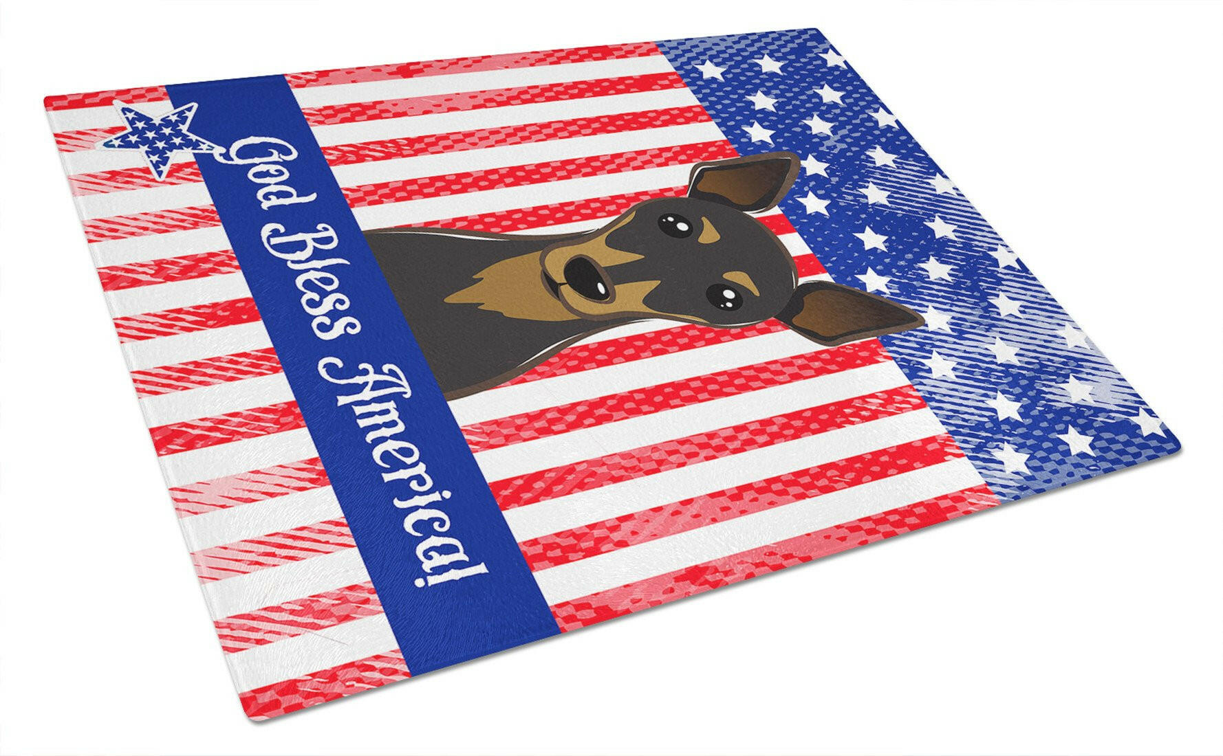 American Flag and Min Pin Cutting Board Tempered Glass Kitchen Cutting Surface, Heat Resistant Chopping, Non-Slip Feet, Food Prep & Serving