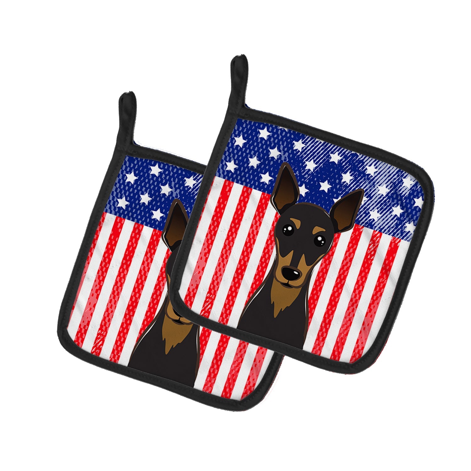 American Flag and Min Pin Pot Holder Set of 2 Heat Resistant Quilted Hot Pads 7.5 x 7.5 Inch, Insulated Kitchen Trivets for Cooking & Baking