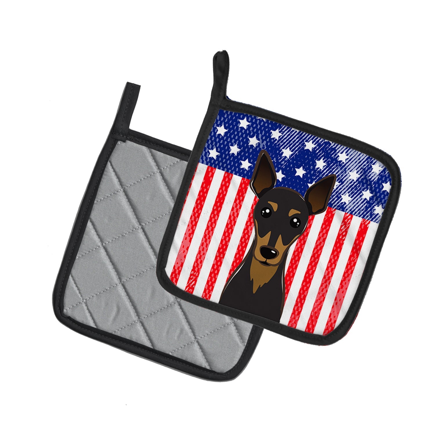 American Flag and Min Pin Pot Holder Set of 2 Heat Resistant Quilted Hot Pads 7.5 x 7.5 Inch, Insulated Kitchen Trivets for Cooking & Baking