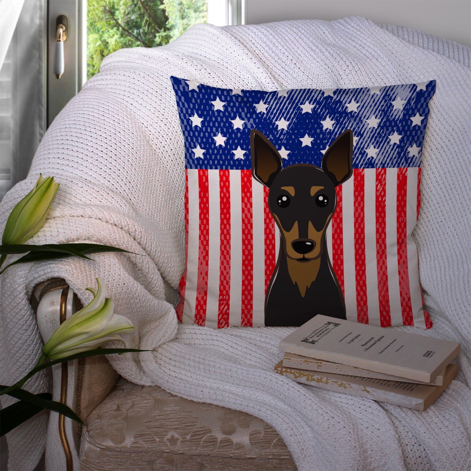 American Flag and Min Pin Decorative Throw Pillow 14x14 Indoor Outdoor Accent Cushion, Fabric Cover with Insert for Sofa, Bed, Porch & Living Room