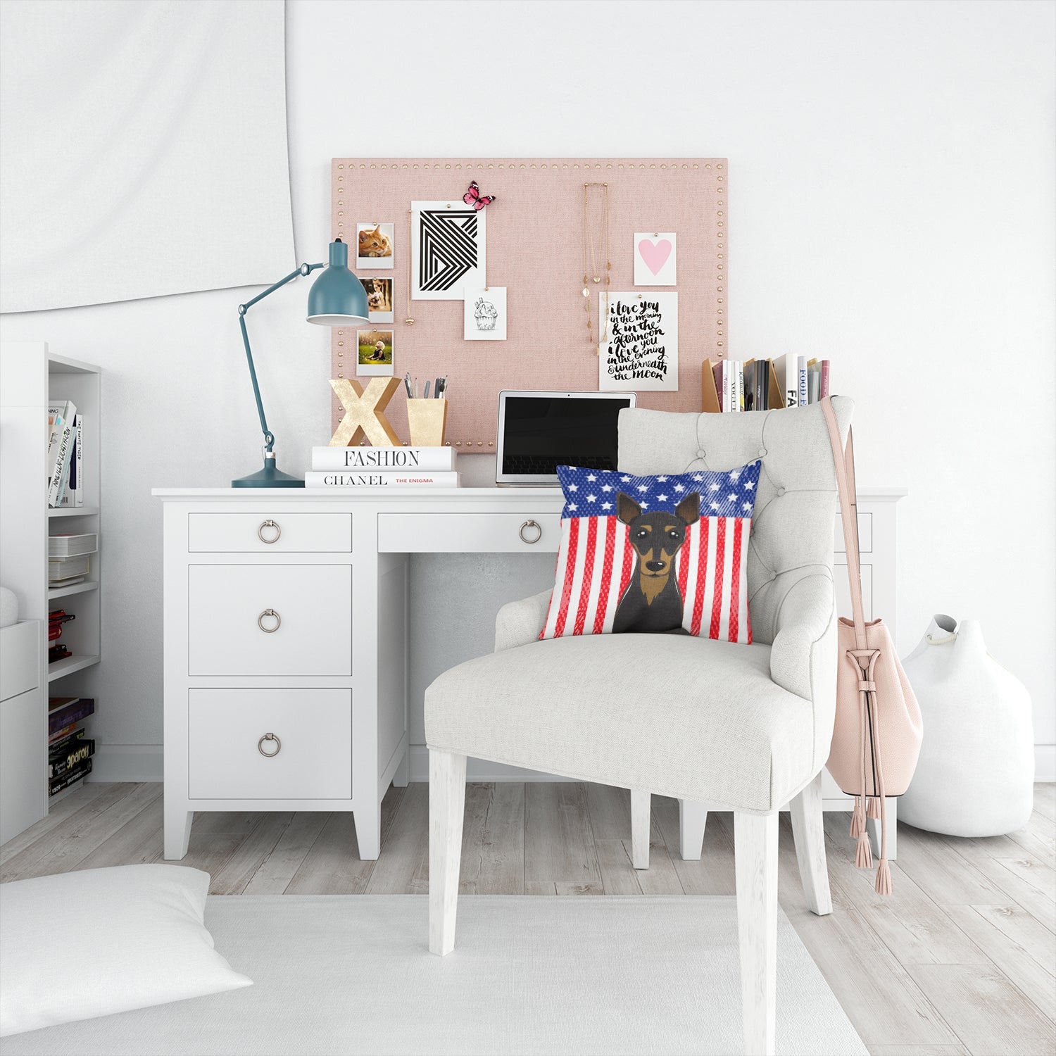 American Flag and Min Pin Decorative Throw Pillow 14x14 Indoor Outdoor Accent Cushion, Fabric Cover with Insert for Sofa, Bed, Porch & Living Room
