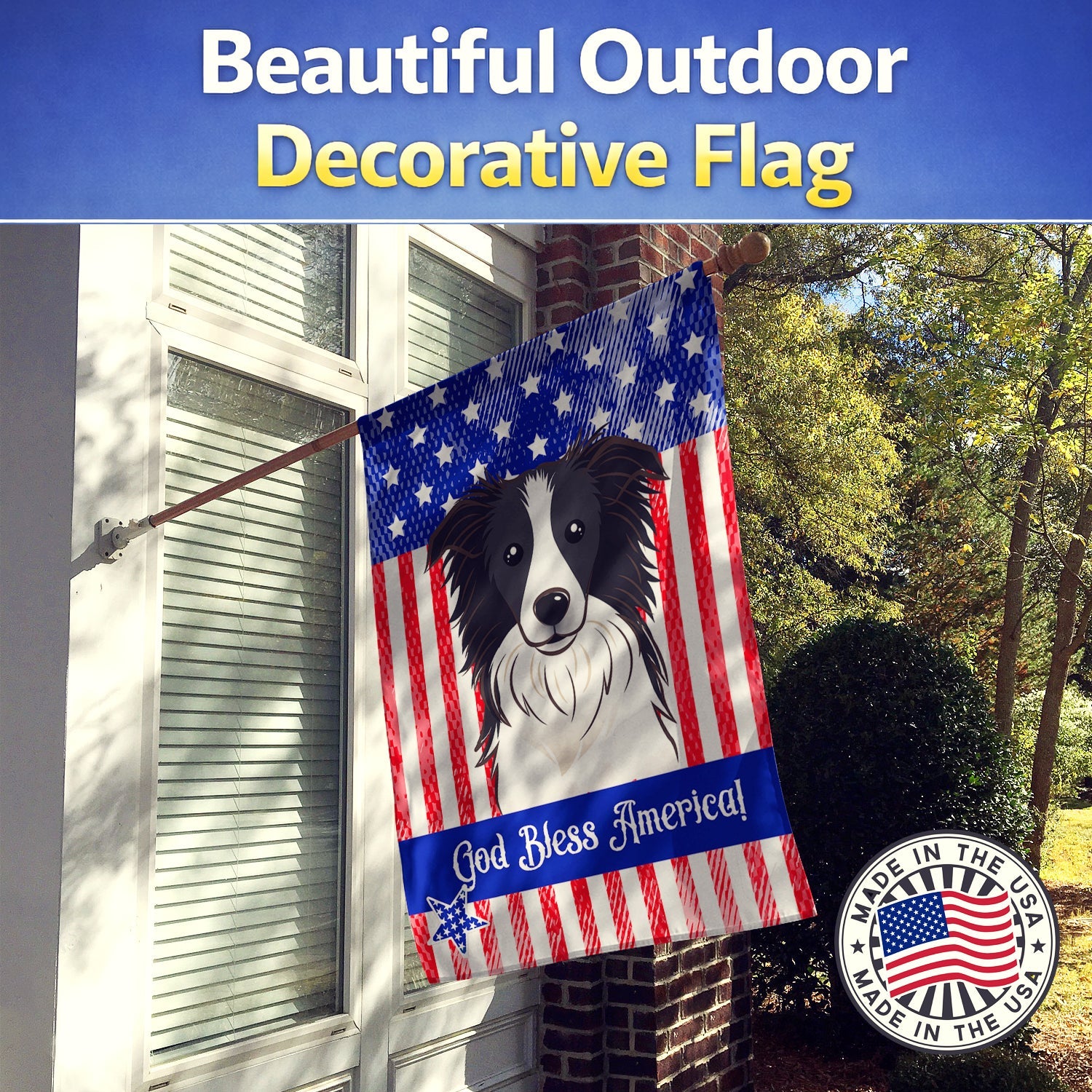 American Flag and Border Collie House Flag 28x40 Porch Sleeve Pole Decorative Outside Yard Banner Artwork Wall Hanging, Polyester