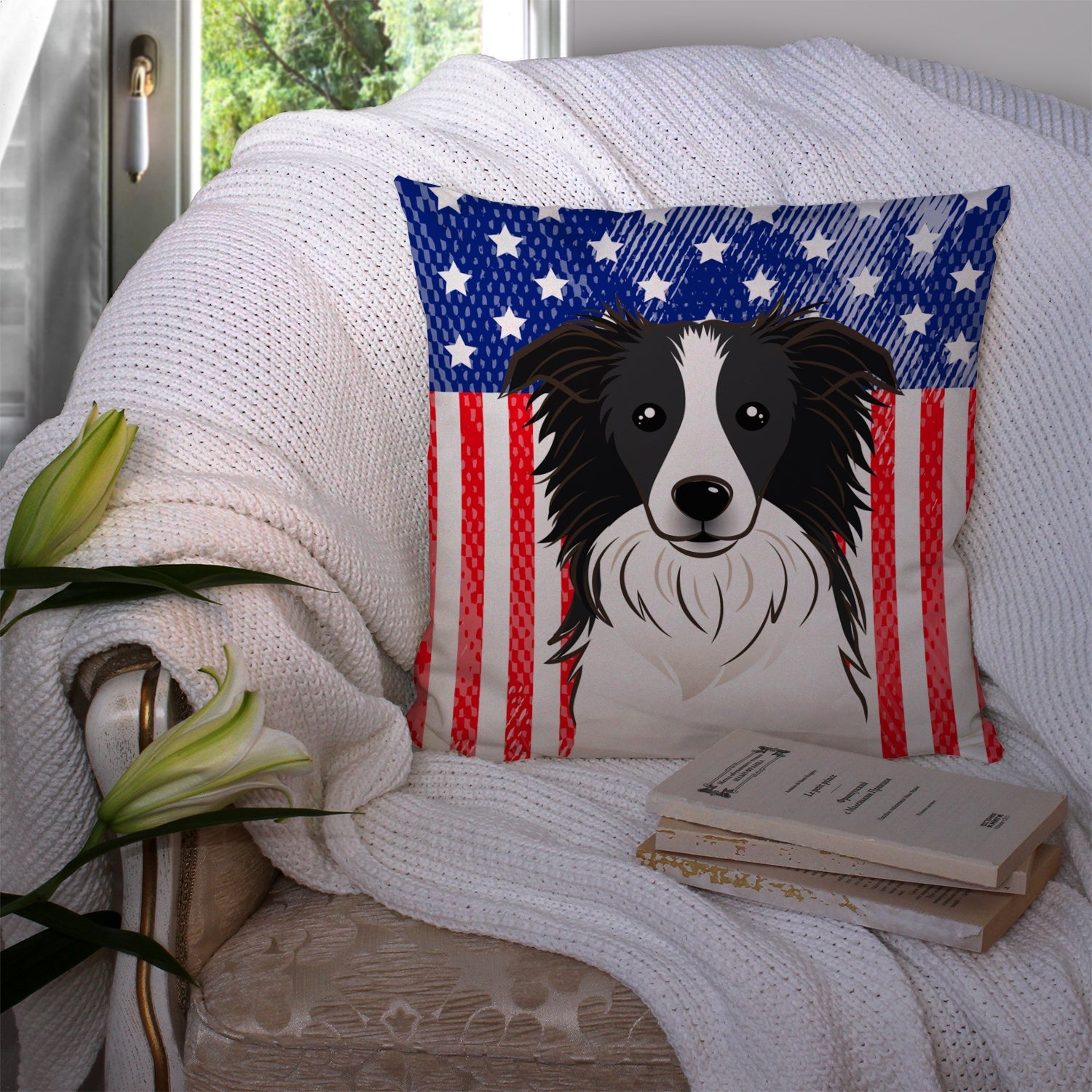American Flag and Border Collie Decorative Throw Pillow 14x14 Indoor Outdoor Accent Cushion, Fabric Cover with Insert for Sofa, Bed, Porch & Living Room
