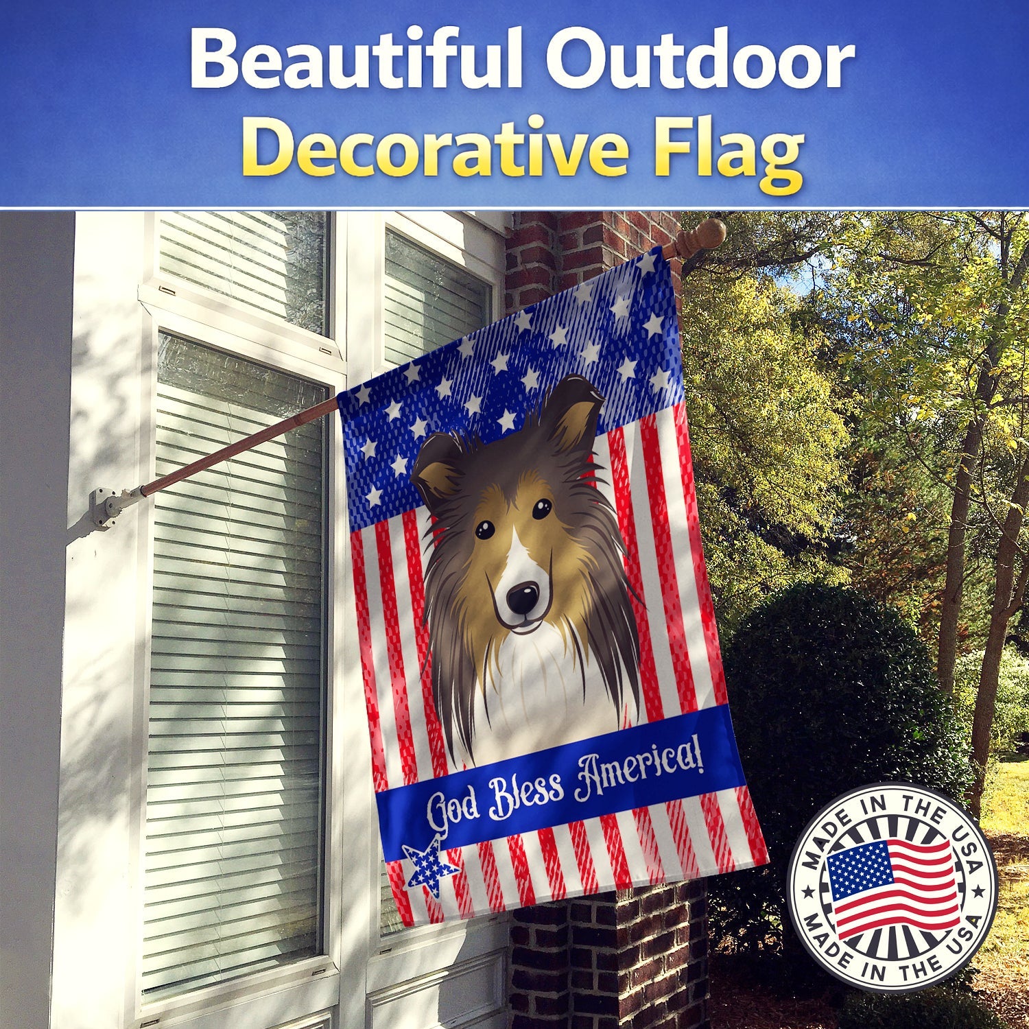 American Flag and Sheltie House Flag 28x40 Porch Sleeve Pole Decorative Outside Yard Banner Artwork Wall Hanging, Polyester