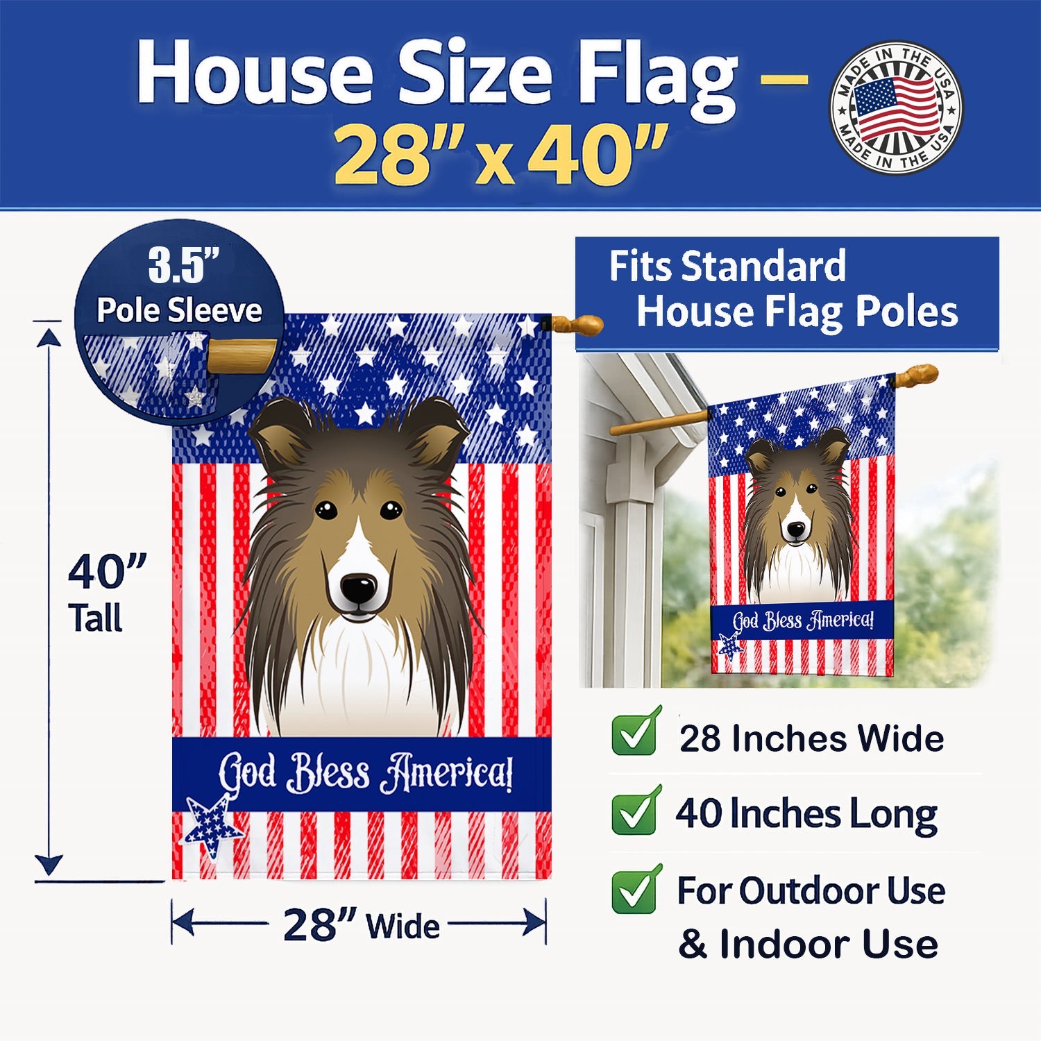 American Flag and Sheltie House Flag 28x40 Porch Sleeve Pole Decorative Outside Yard Banner Artwork Wall Hanging, Polyester