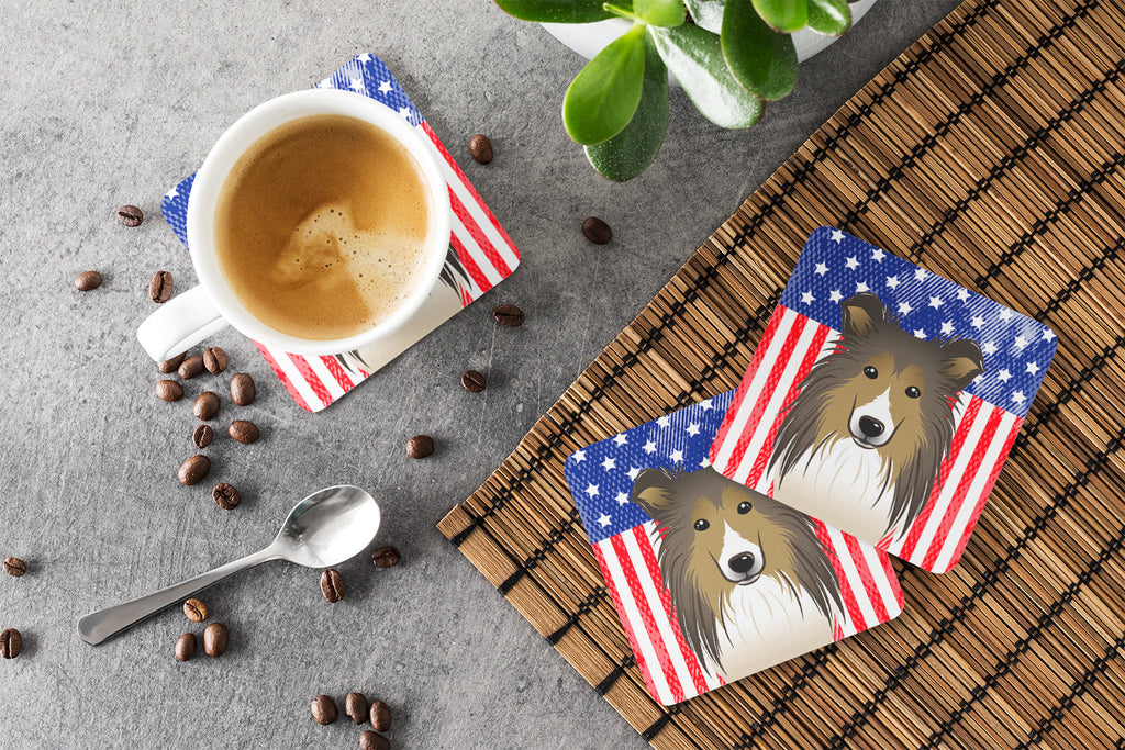 American Flag and Sheltie Foam Coasters Set of 4 Cup Coasters for Indoor Outdoor, Tabletop Protection, Anti Slip, Mouse pad Material
