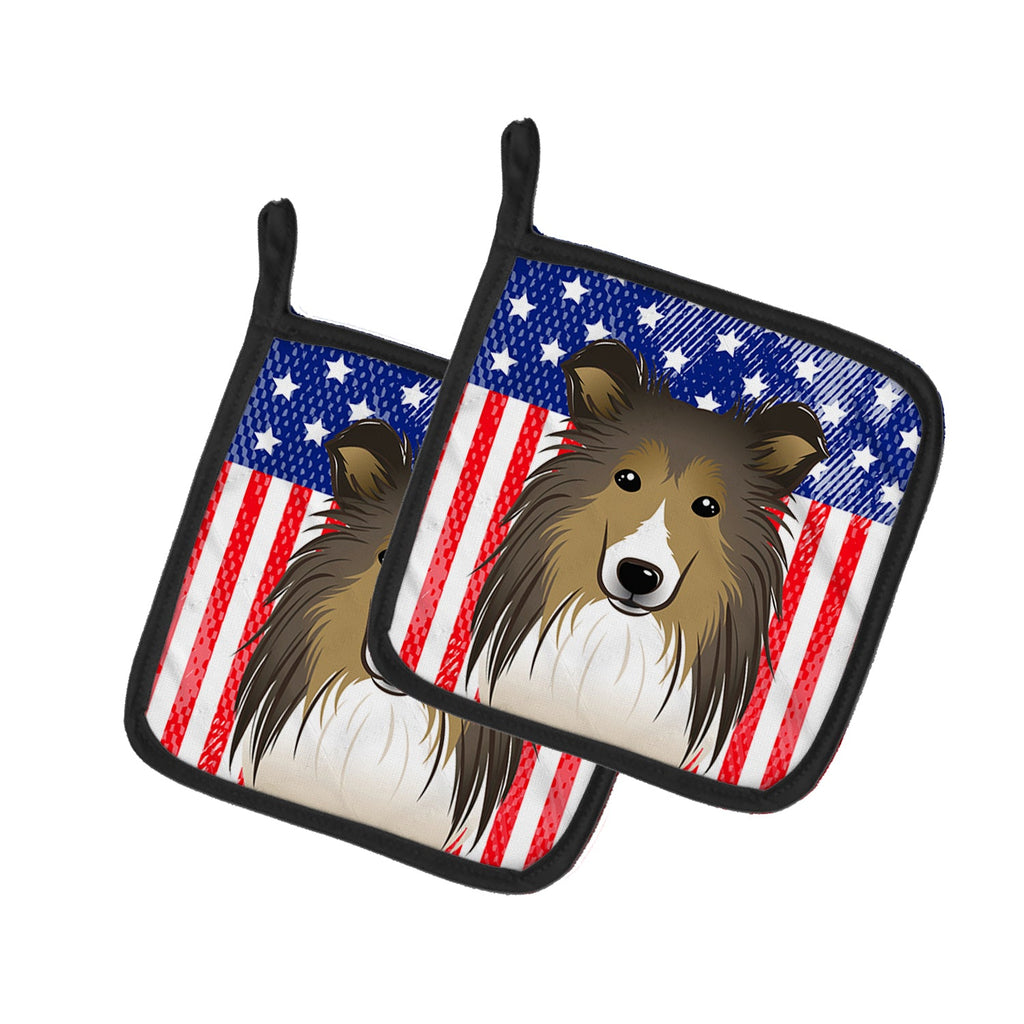 American Flag and Sheltie Pot Holder Set of 2 Heat Resistant Quilted Hot Pads 7.5 x 7.5 Inch, Insulated Kitchen Trivets for Cooking & Baking