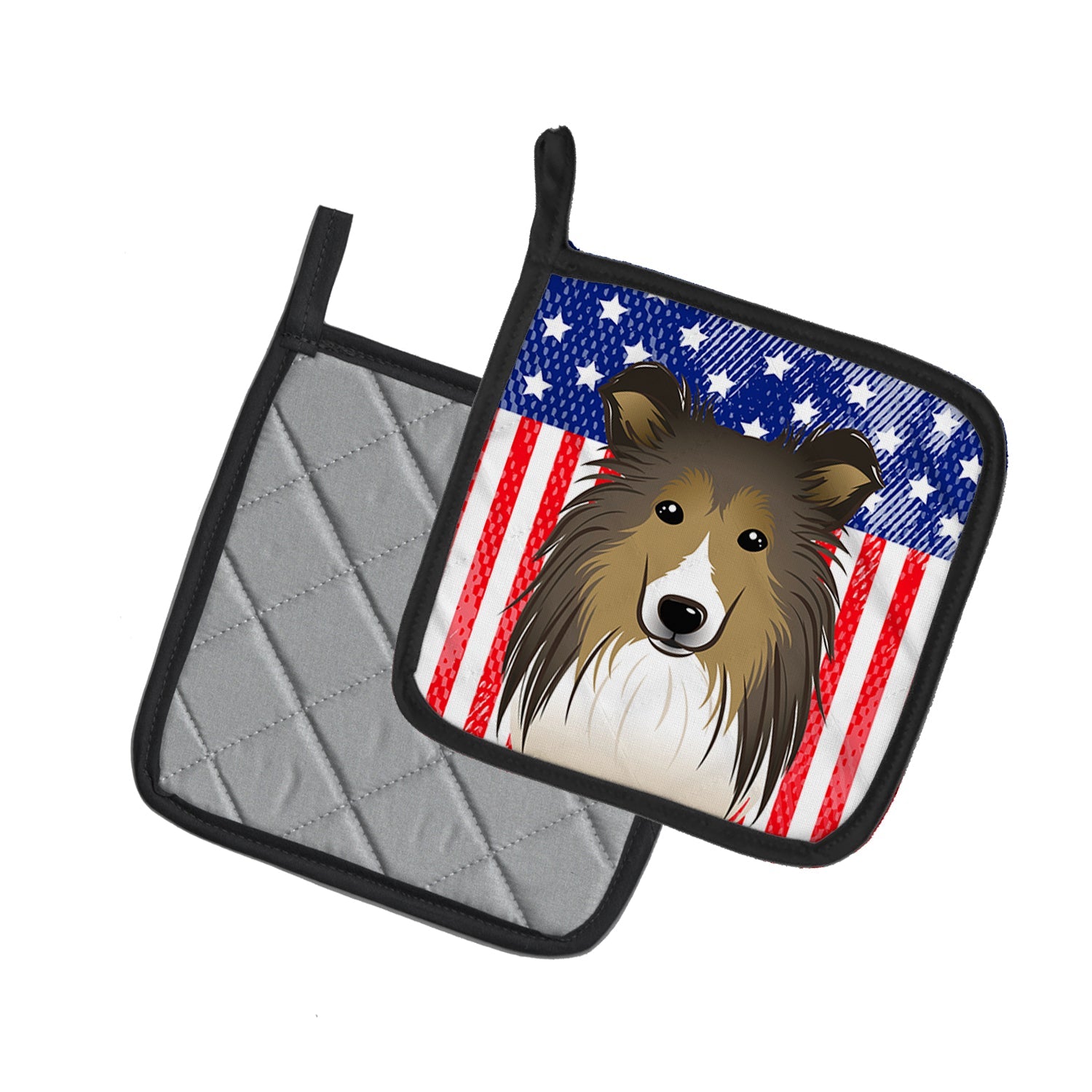 American Flag and Sheltie Pot Holder Set of 2 Heat Resistant Quilted Hot Pads 7.5 x 7.5 Inch, Insulated Kitchen Trivets for Cooking & Baking