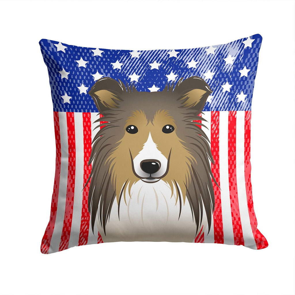 American Flag and Sheltie Decorative Throw Pillow 14x14 Indoor Outdoor Accent Cushion, Fabric Cover with Insert for Sofa, Bed, Porch & Living Room