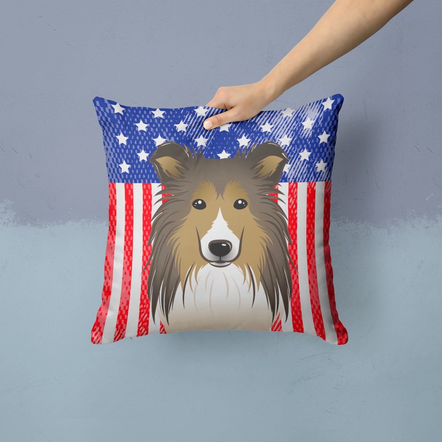 American Flag and Sheltie Decorative Throw Pillow 14x14 Indoor Outdoor Accent Cushion, Fabric Cover with Insert for Sofa, Bed, Porch & Living Room