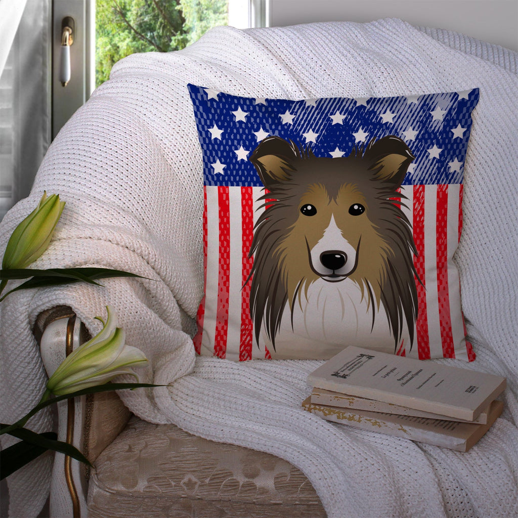 American Flag and Sheltie Decorative Throw Pillow 14x14 Indoor Outdoor Accent Cushion, Fabric Cover with Insert for Sofa, Bed, Porch & Living Room