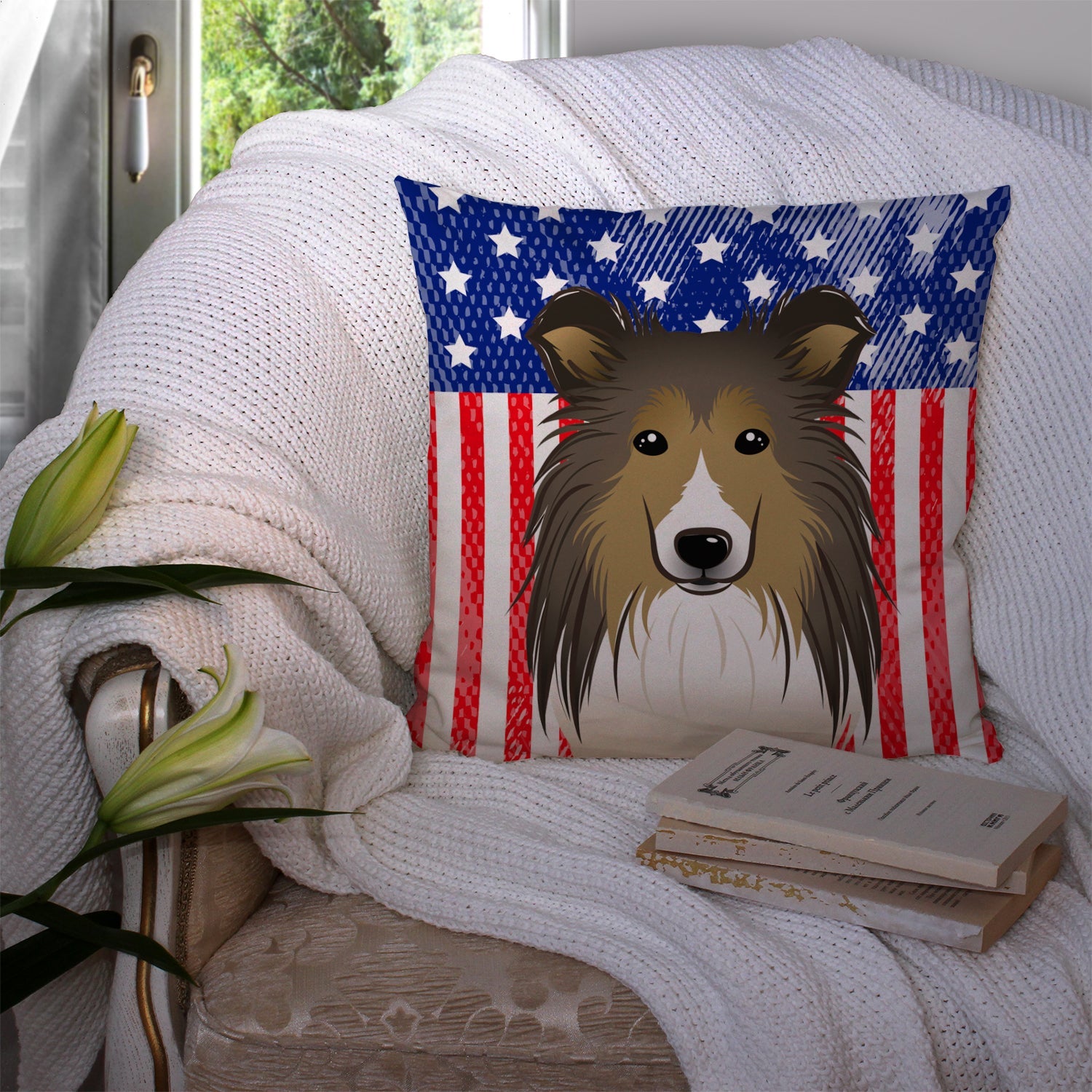 American Flag and Sheltie Decorative Throw Pillow 14x14 Indoor Outdoor Accent Cushion, Fabric Cover with Insert for Sofa, Bed, Porch & Living Room