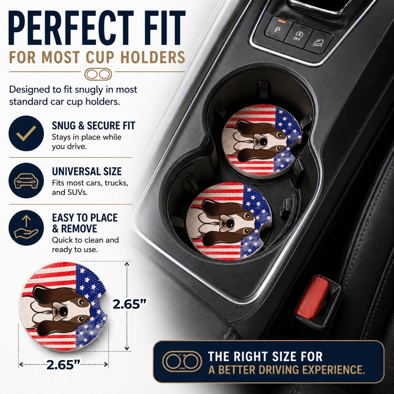 American Flag and Basset Hound Set of 2 Cup Holder Car Coasters Absorbent Round Sandstone Coasters Gifts for Men or Women, 2.5, Multicolor