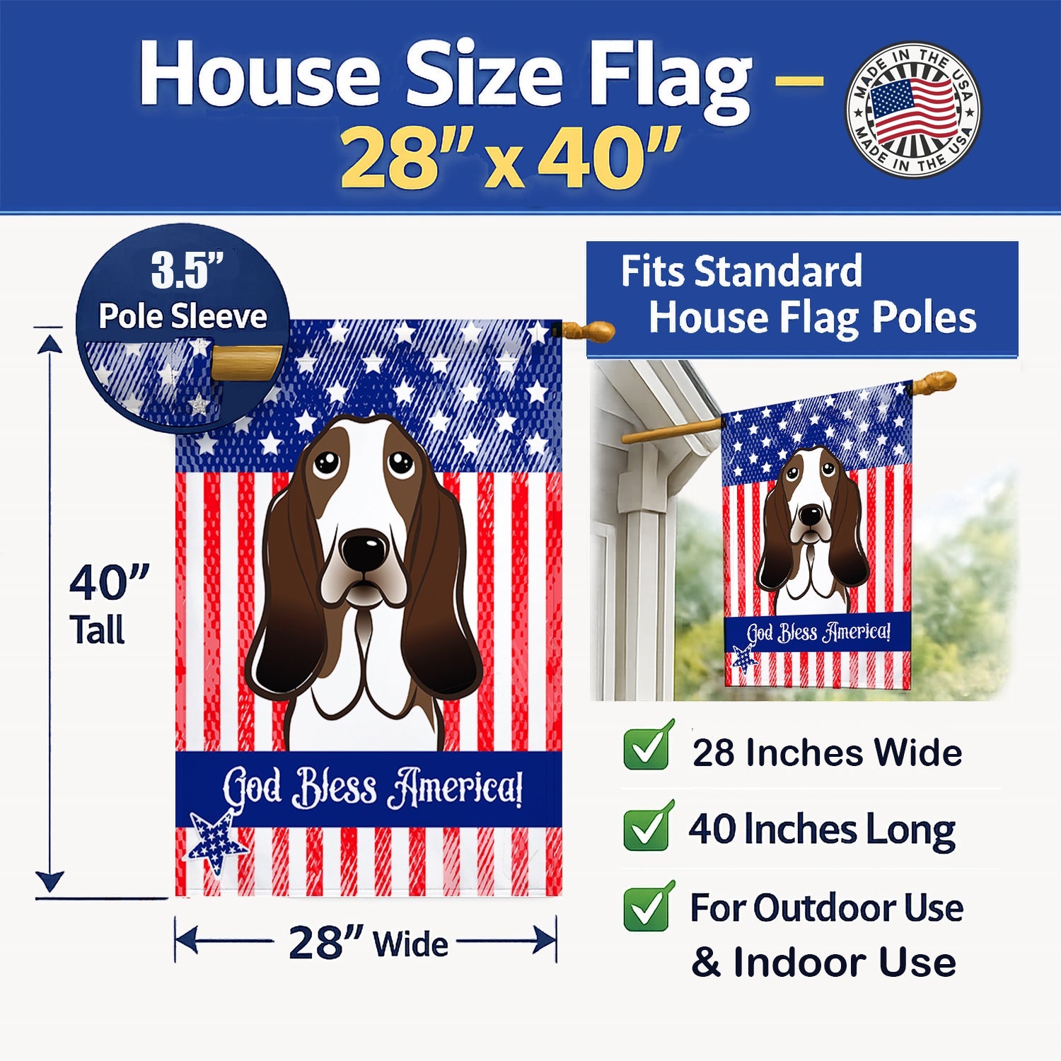 American Flag and Basset Hound House Flag 28x40 Porch Sleeve Pole Decorative Outside Yard Banner Artwork Wall Hanging, Polyester