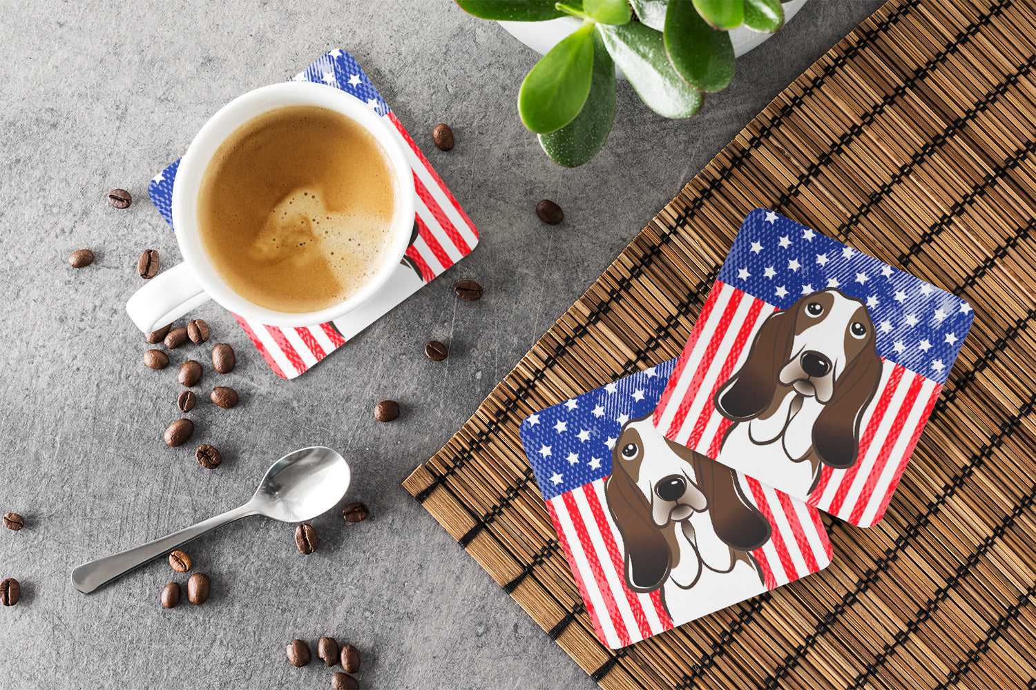 American Flag and Basset Hound Foam Coasters Set of 4 Cup Coasters for Indoor Outdoor, Tabletop Protection, Anti Slip, Mouse pad Material