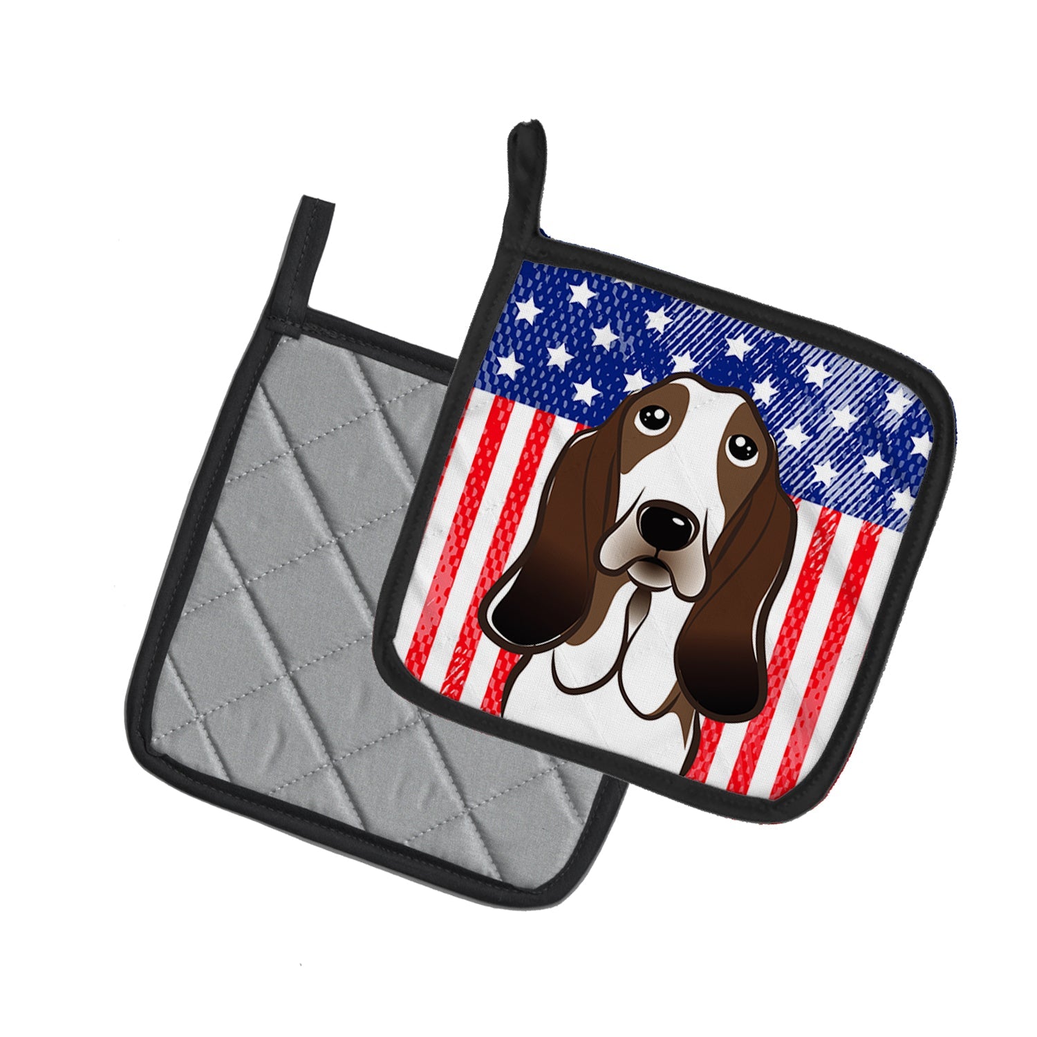 American Flag and Basset Hound Pot Holder Set of 2 Heat Resistant Quilted Hot Pads 7.5 x 7.5 Inch, Insulated Kitchen Trivets for Cooking & Baking