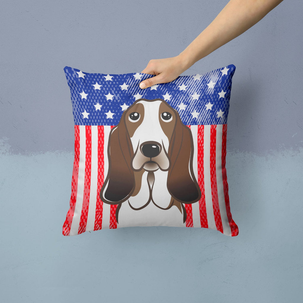American Flag and Basset Hound Decorative Throw Pillow 14x14 Indoor Outdoor Accent Cushion, Fabric Cover with Insert for Sofa, Bed, Porch & Living Room
