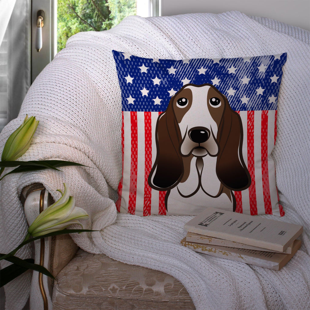 American Flag and Basset Hound Decorative Throw Pillow 14x14 Indoor Outdoor Accent Cushion, Fabric Cover with Insert for Sofa, Bed, Porch & Living Room