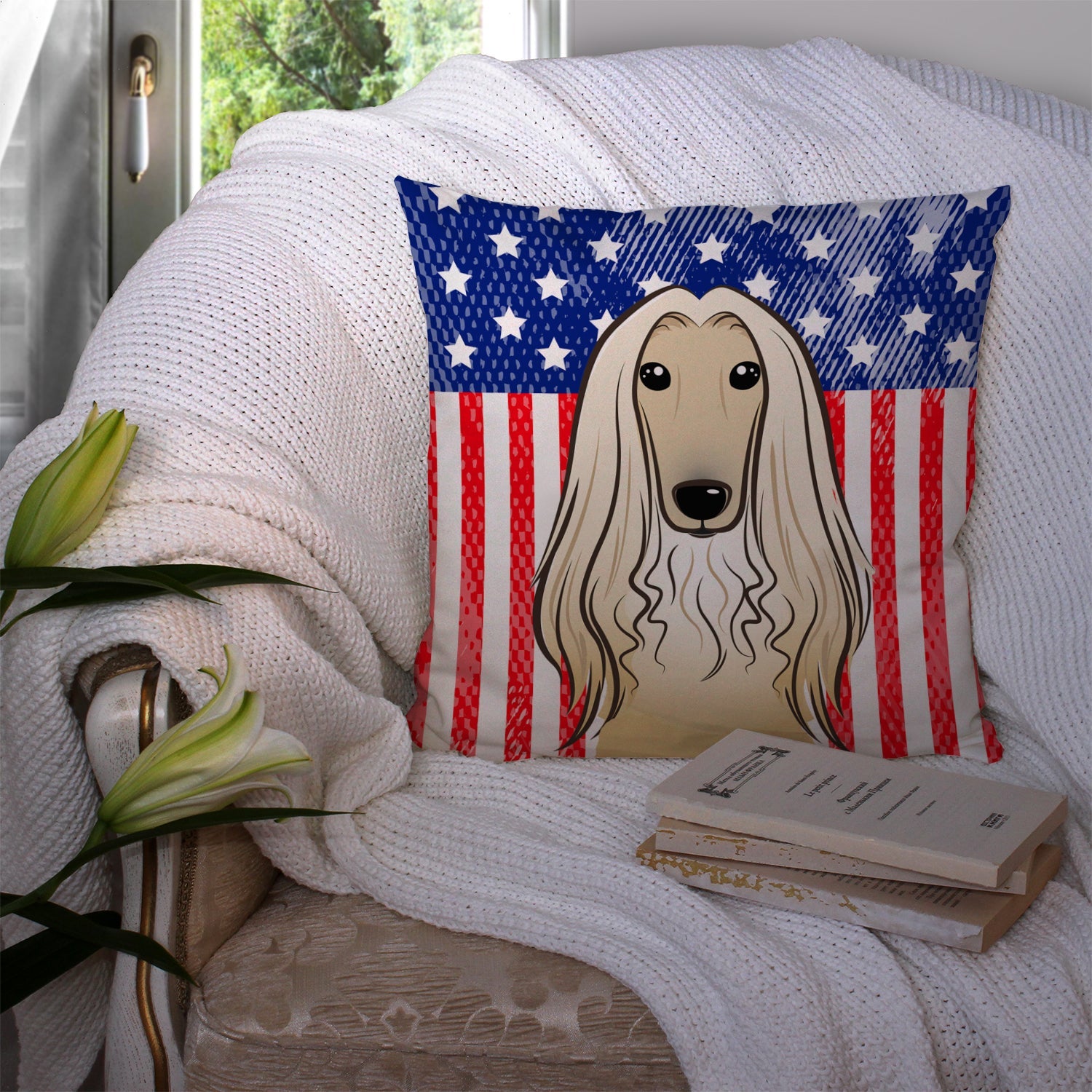 American Flag and Afghan Hound Decorative Throw Pillow 14x14 Indoor Outdoor Accent Cushion, Fabric Cover with Insert for Sofa, Bed, Porch & Living Room