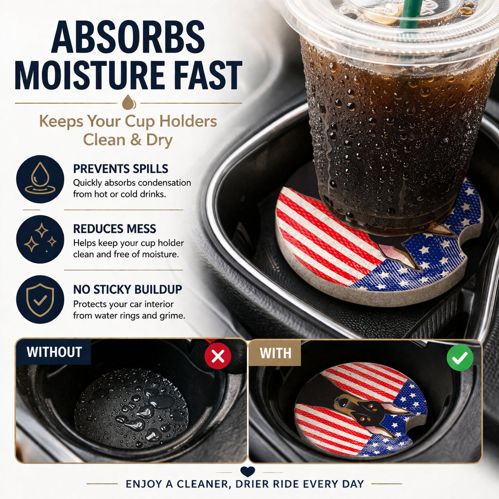 American Flag and Doberman Set of 2 Cup Holder Car Coasters Absorbent Round Sandstone Coasters Gifts for Men or Women, 2.5, Multicolor