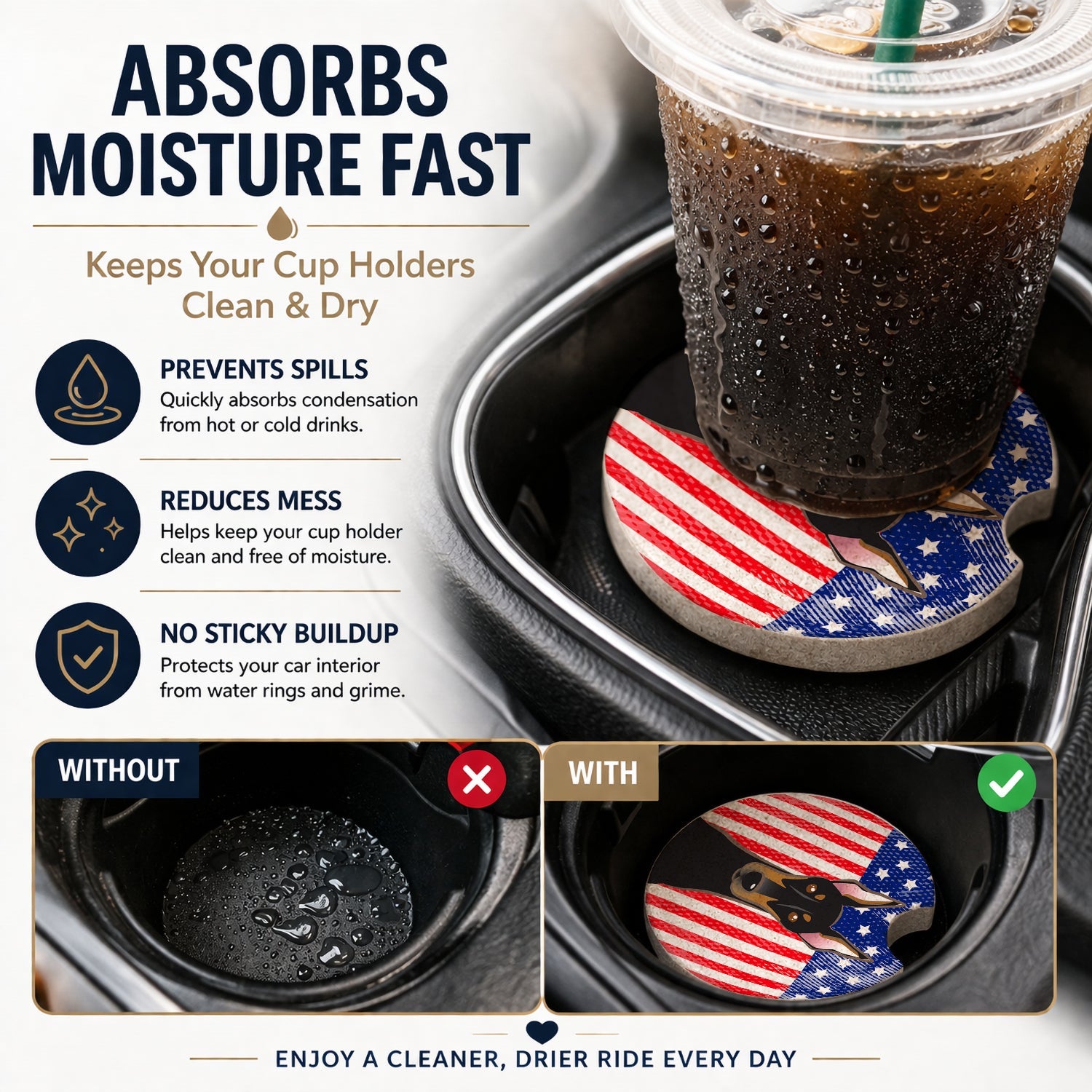 American Flag and Doberman Set of 2 Cup Holder Car Coasters Absorbent Round Sandstone Coasters Gifts for Men or Women, 2.5, Multicolor