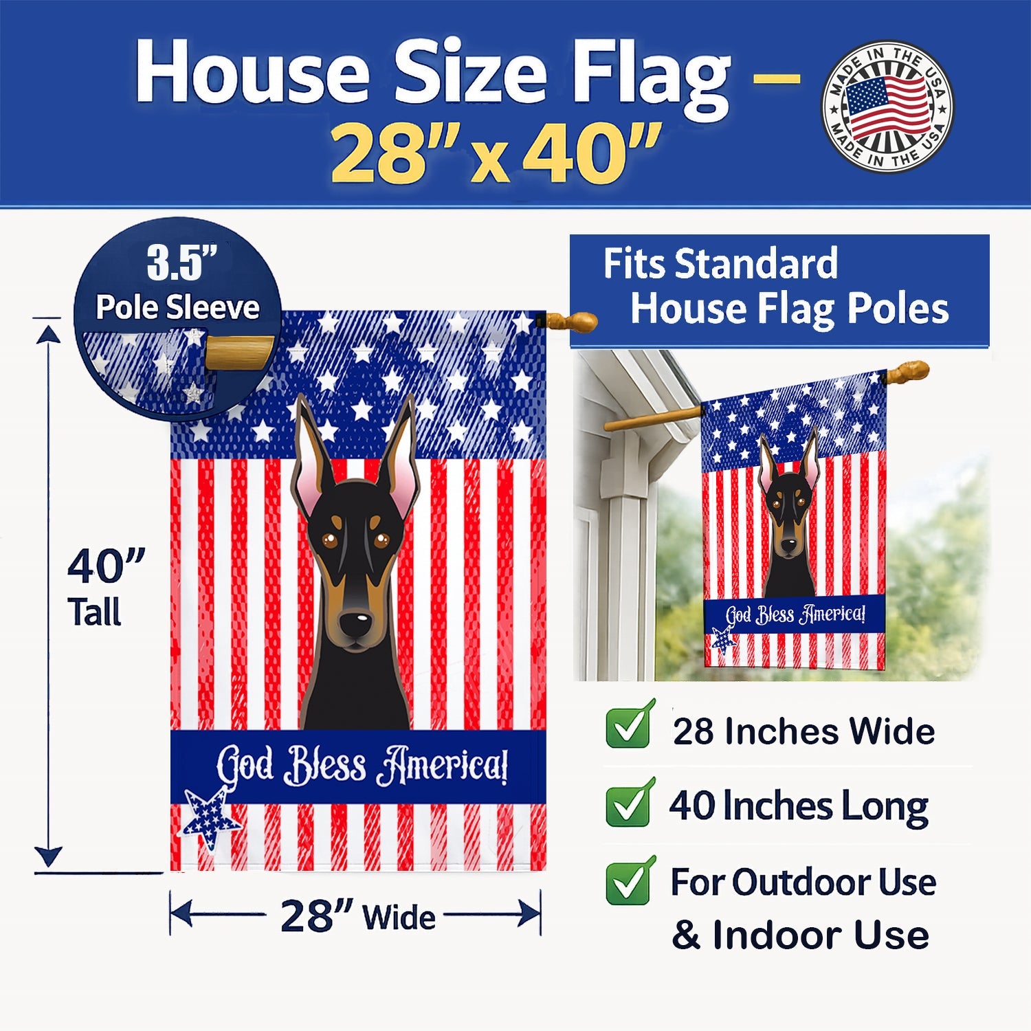 American Flag and Doberman House Flag 28x40 Porch Sleeve Pole Decorative Outside Yard Banner Artwork Wall Hanging, Polyester