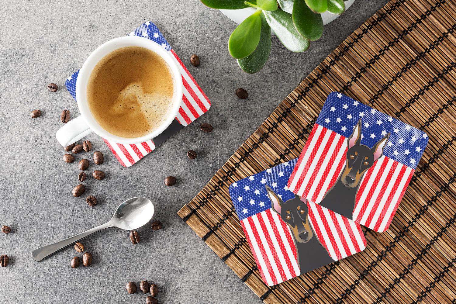 American Flag and Doberman Foam Coasters Set of 4 Cup Coasters for Indoor Outdoor, Tabletop Protection, Anti Slip, Mouse pad Material