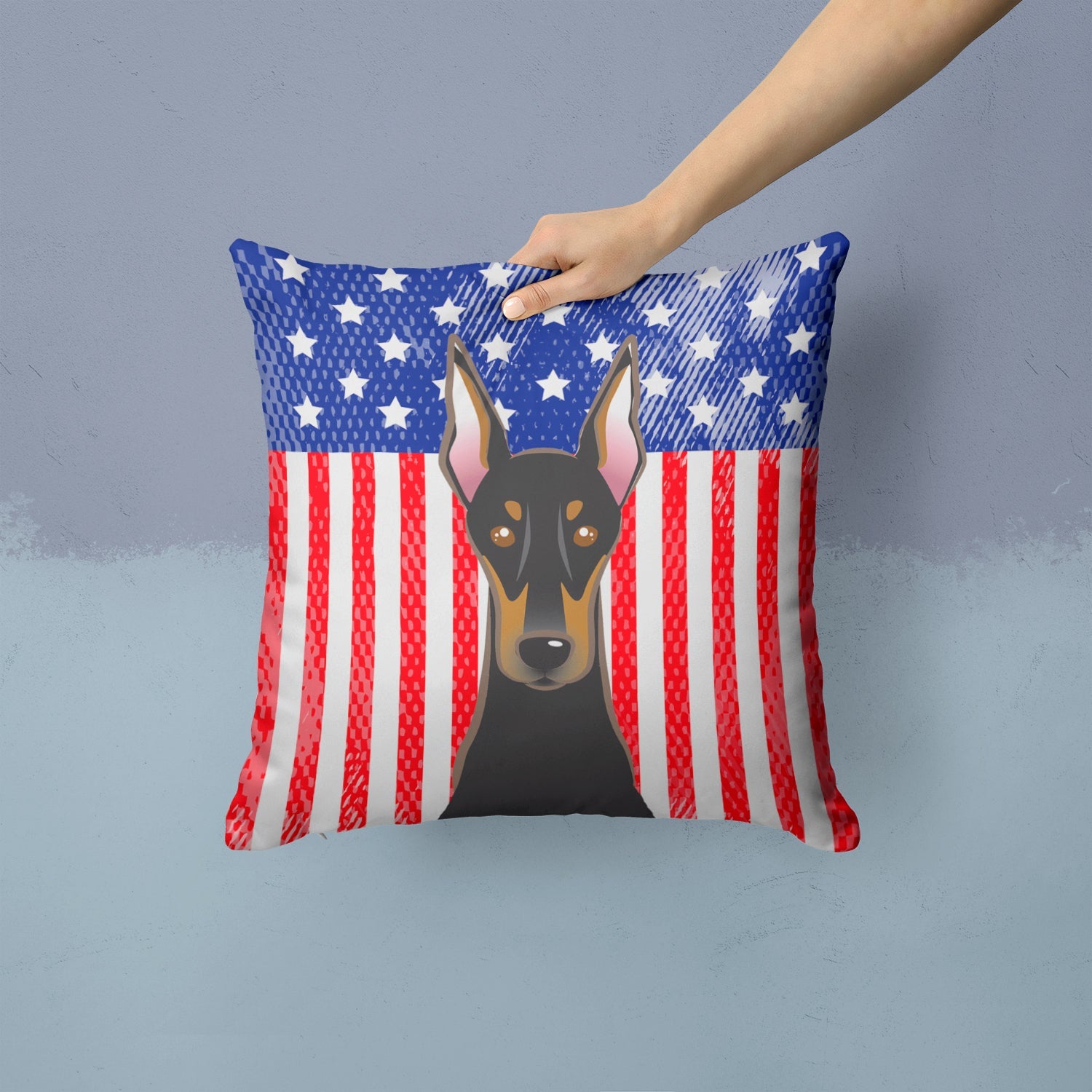 American Flag and Doberman Decorative Throw Pillow 14x14 Indoor Outdoor Accent Cushion, Fabric Cover with Insert for Sofa, Bed, Porch & Living Room