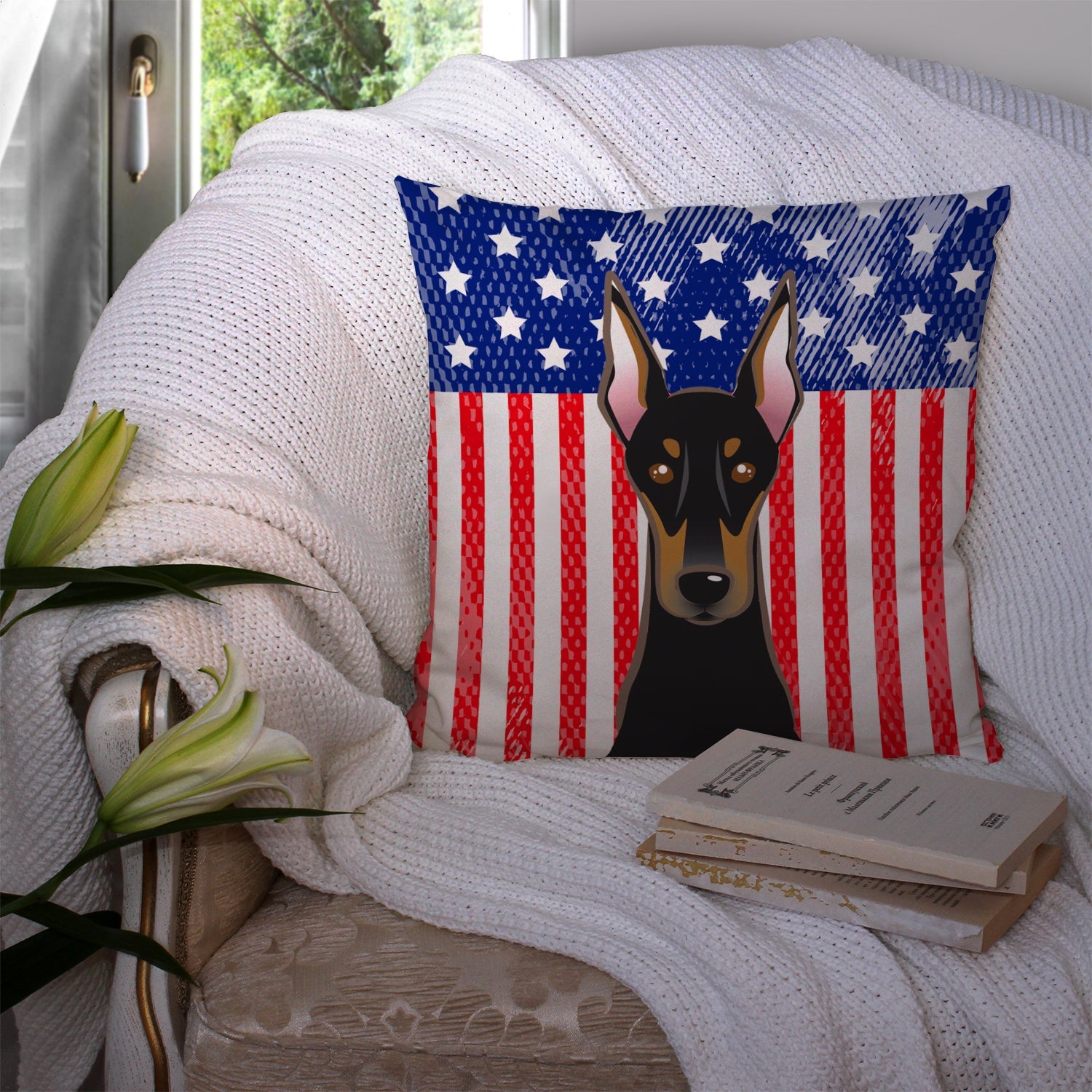 American Flag and Doberman Decorative Throw Pillow 14x14 Indoor Outdoor Accent Cushion, Fabric Cover with Insert for Sofa, Bed, Porch & Living Room