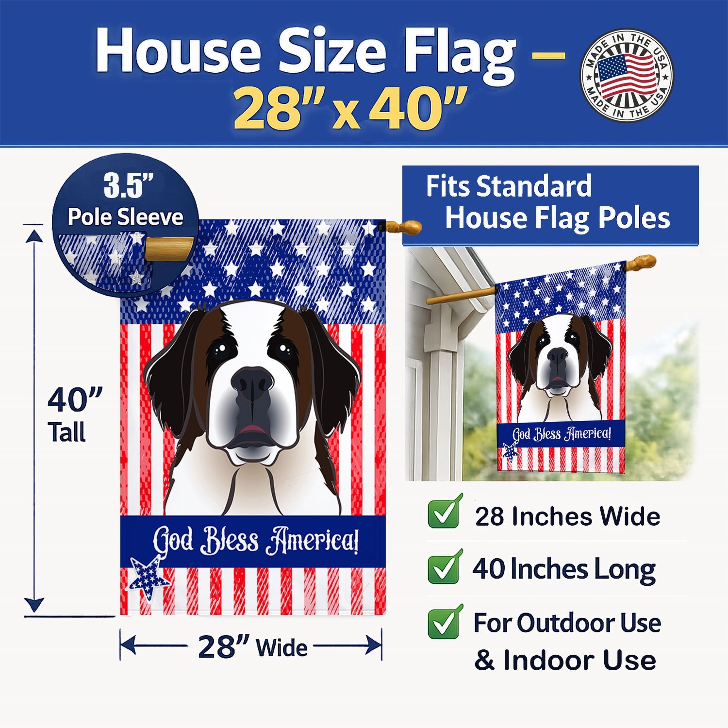 American Flag and Saint Bernard House Flag 28x40 Porch Sleeve Pole Decorative Outside Yard Banner Artwork Wall Hanging, Polyester