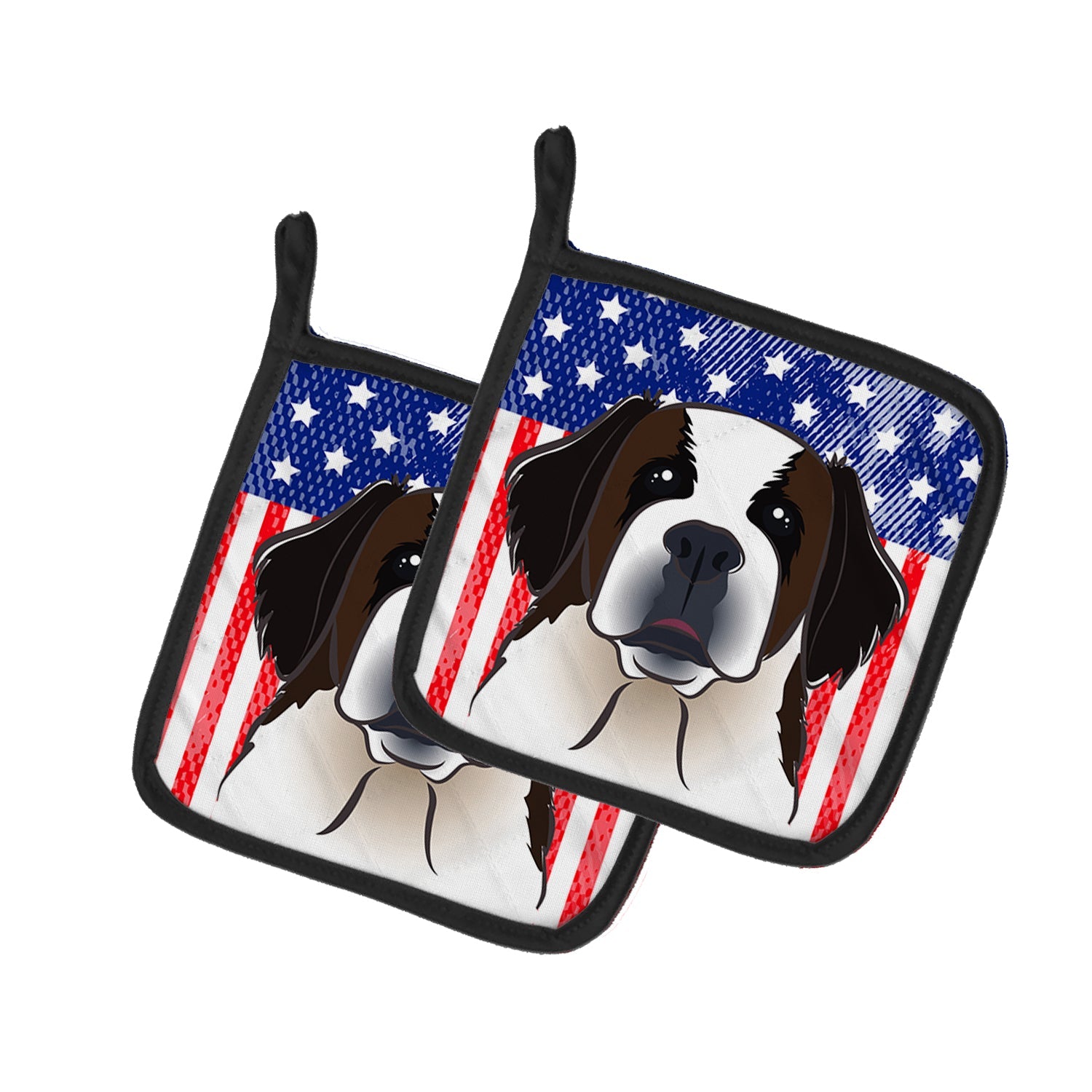 American Flag and Saint Bernard Pot Holder Set of 2 Heat Resistant Quilted Hot Pads 7.5 x 7.5 Inch, Insulated Kitchen Trivets for Cooking & Baking