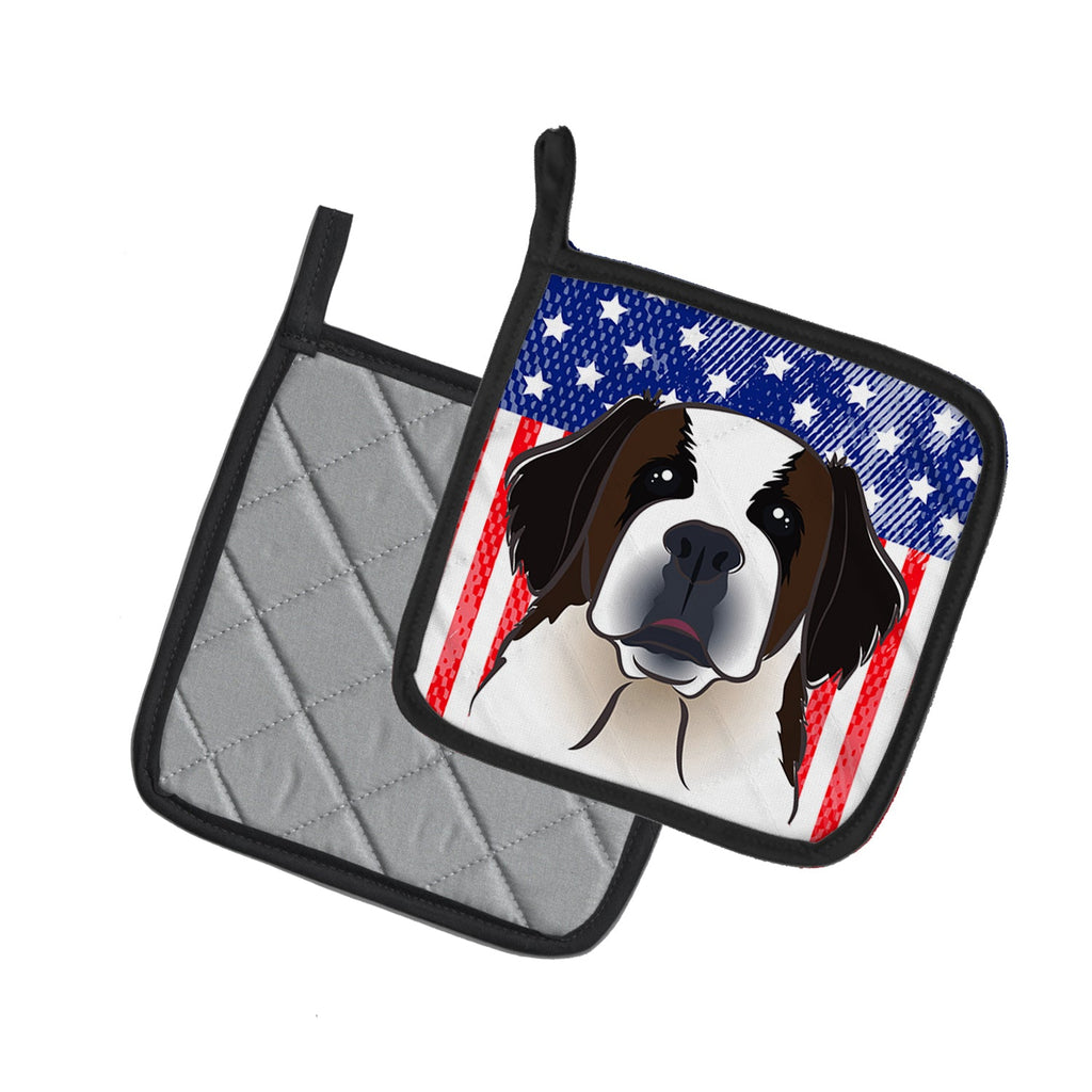 American Flag and Saint Bernard Pot Holder Set of 2 Heat Resistant Quilted Hot Pads 7.5 x 7.5 Inch, Insulated Kitchen Trivets for Cooking & Baking