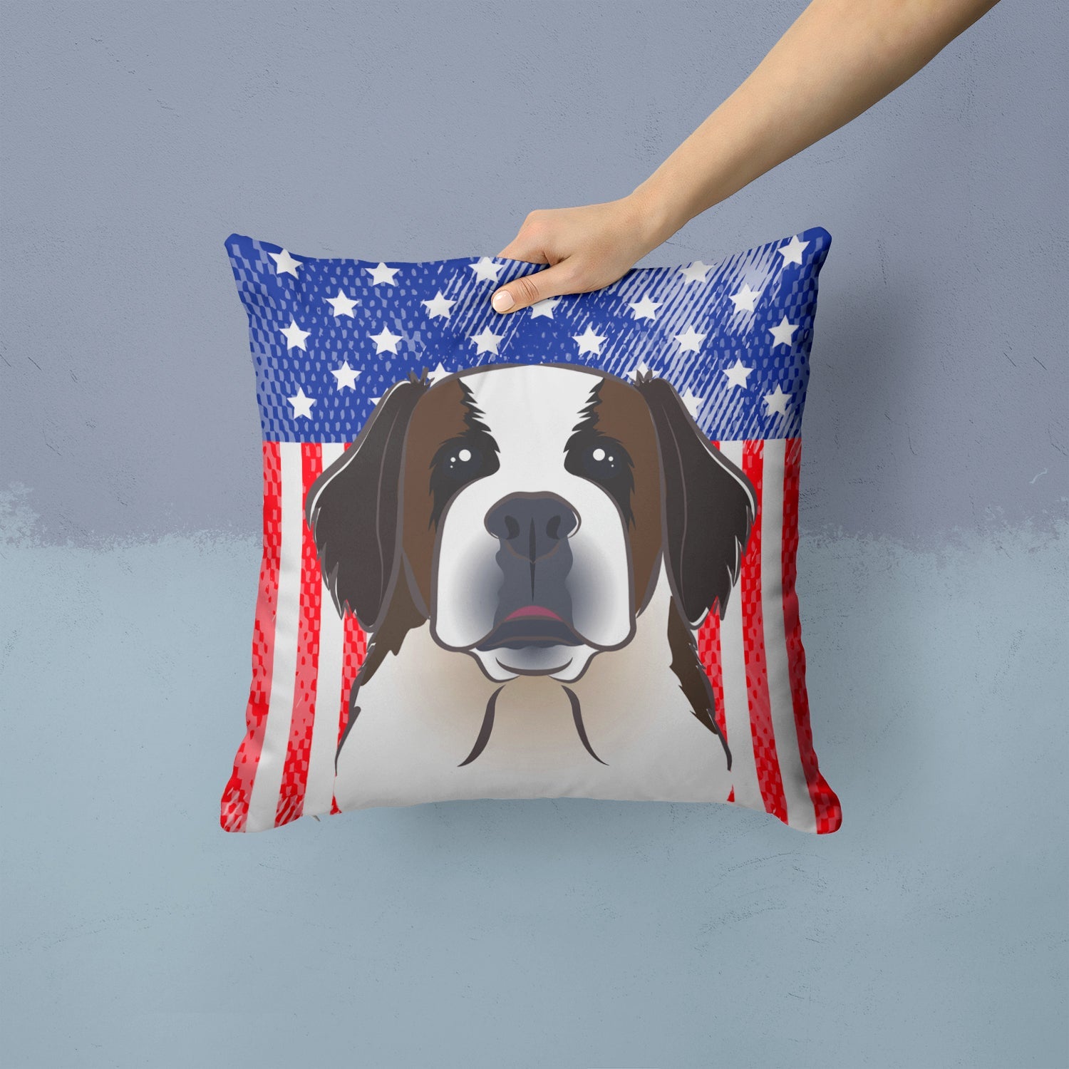American Flag and Saint Bernard Decorative Throw Pillow 14x14 Indoor Outdoor Accent Cushion, Fabric Cover with Insert for Sofa, Bed, Porch & Living Room