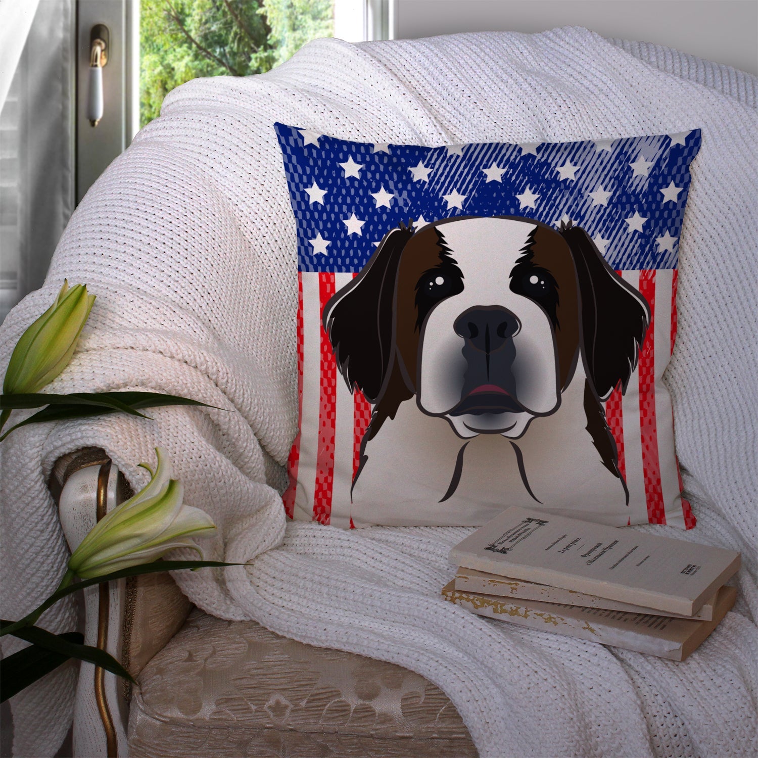 American Flag and Saint Bernard Decorative Throw Pillow 14x14 Indoor Outdoor Accent Cushion, Fabric Cover with Insert for Sofa, Bed, Porch & Living Room