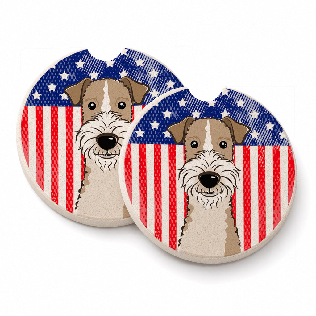 American Flag and Wire Haired Fox Terrier Set of 2 Cup Holder Car Coasters Absorbent Round Sandstone Coasters Gifts for Men or Women, 2.5, Multicolor