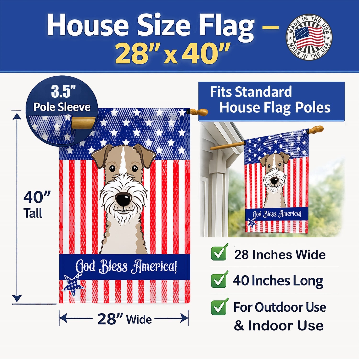 American Flag and Wire Haired Fox Terrier House Flag 28x40 Porch Sleeve Pole Decorative Outside Yard Banner Artwork Wall Hanging, Polyester