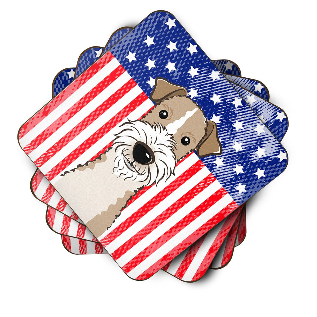 American Flag and Wire Haired Fox Terrier Foam Coasters Set of 4 Cup Coasters for Indoor Outdoor, Tabletop Protection, Anti Slip, Mouse pad Material