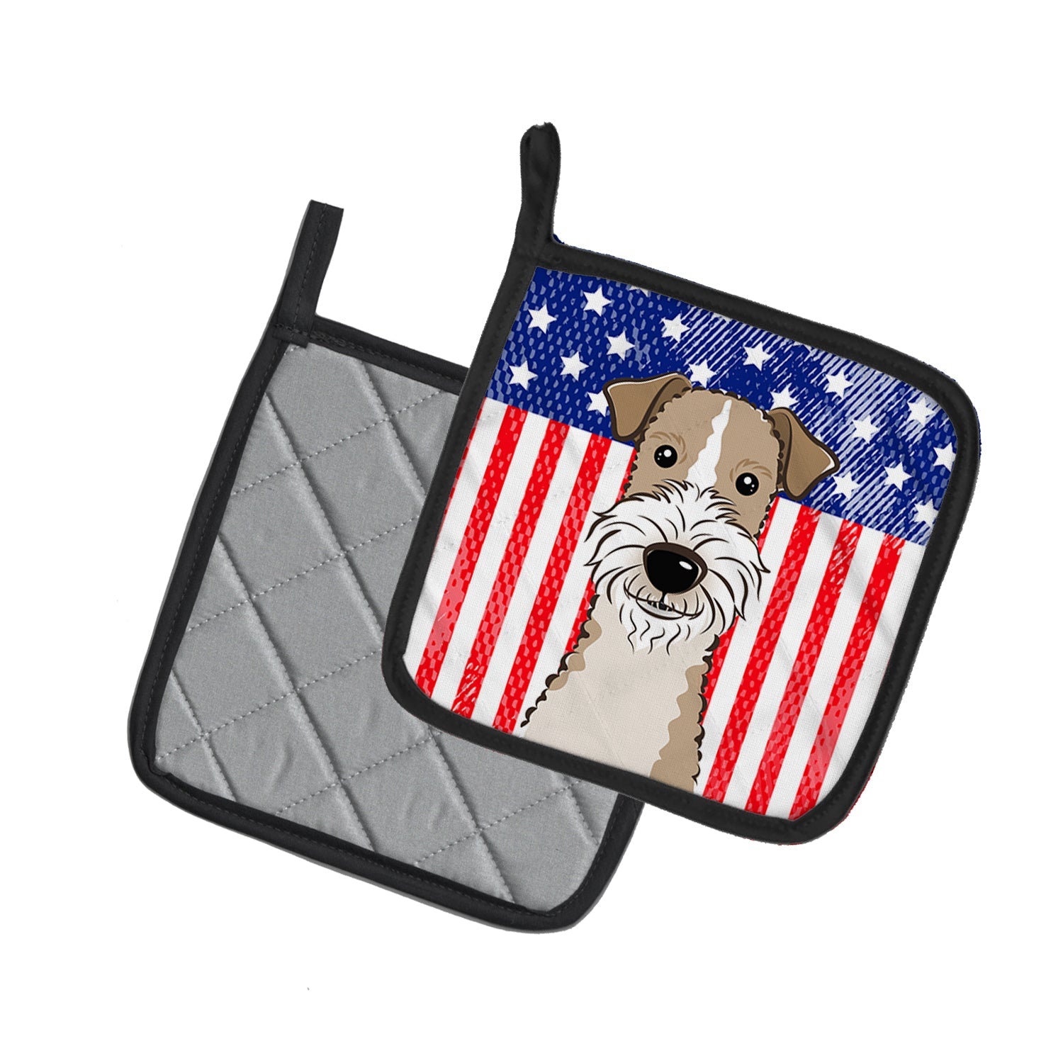 American Flag and Wire Haired Fox Terrier Pot Holder Set of 2 Heat Resistant Quilted Hot Pads 7.5 x 7.5 Inch, Insulated Kitchen Trivets for Cooking & Baking