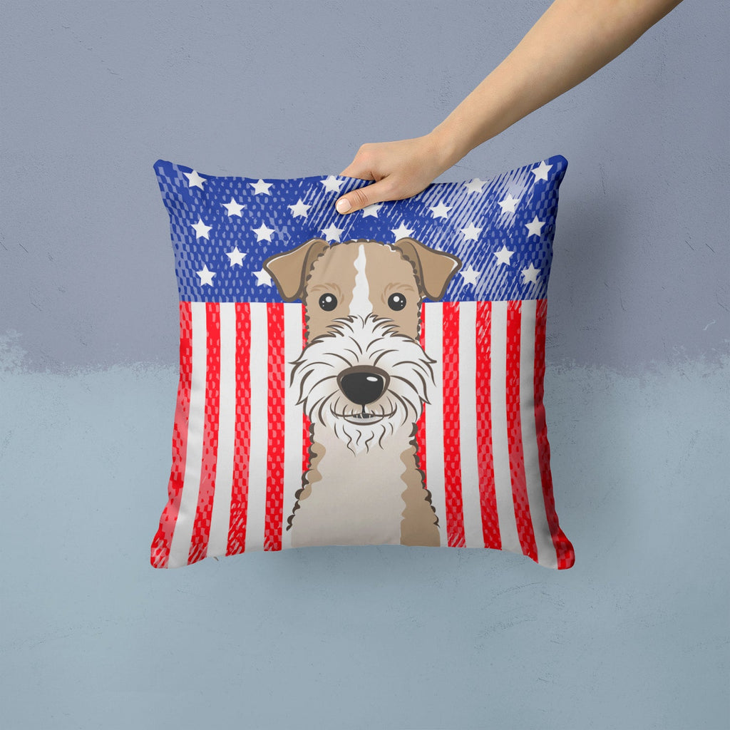 American Flag and Wire Haired Fox Terrier Decorative Throw Pillow 14x14 Indoor Outdoor Accent Cushion, Fabric Cover with Insert for Sofa, Bed, Porch & Living Room