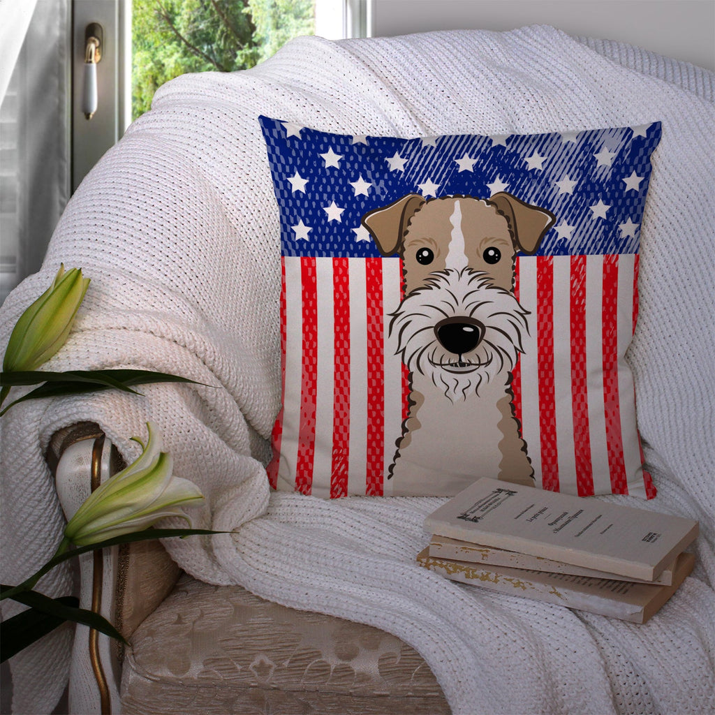 American Flag and Wire Haired Fox Terrier Decorative Throw Pillow 14x14 Indoor Outdoor Accent Cushion, Fabric Cover with Insert for Sofa, Bed, Porch & Living Room