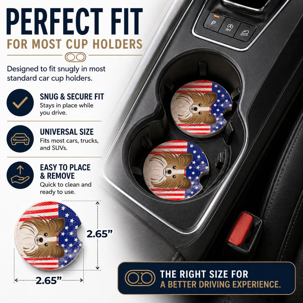 American Flag and Papillon Set of 2 Cup Holder Car Coasters Absorbent Round Sandstone Coasters Gifts for Men or Women, 2.5, Multicolor