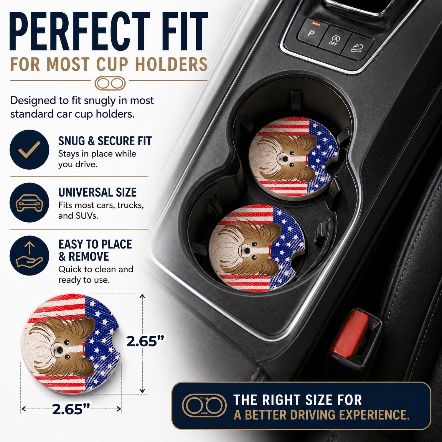American Flag and Papillon Set of 2 Cup Holder Car Coasters Absorbent Round Sandstone Coasters Gifts for Men or Women, 2.5, Multicolor